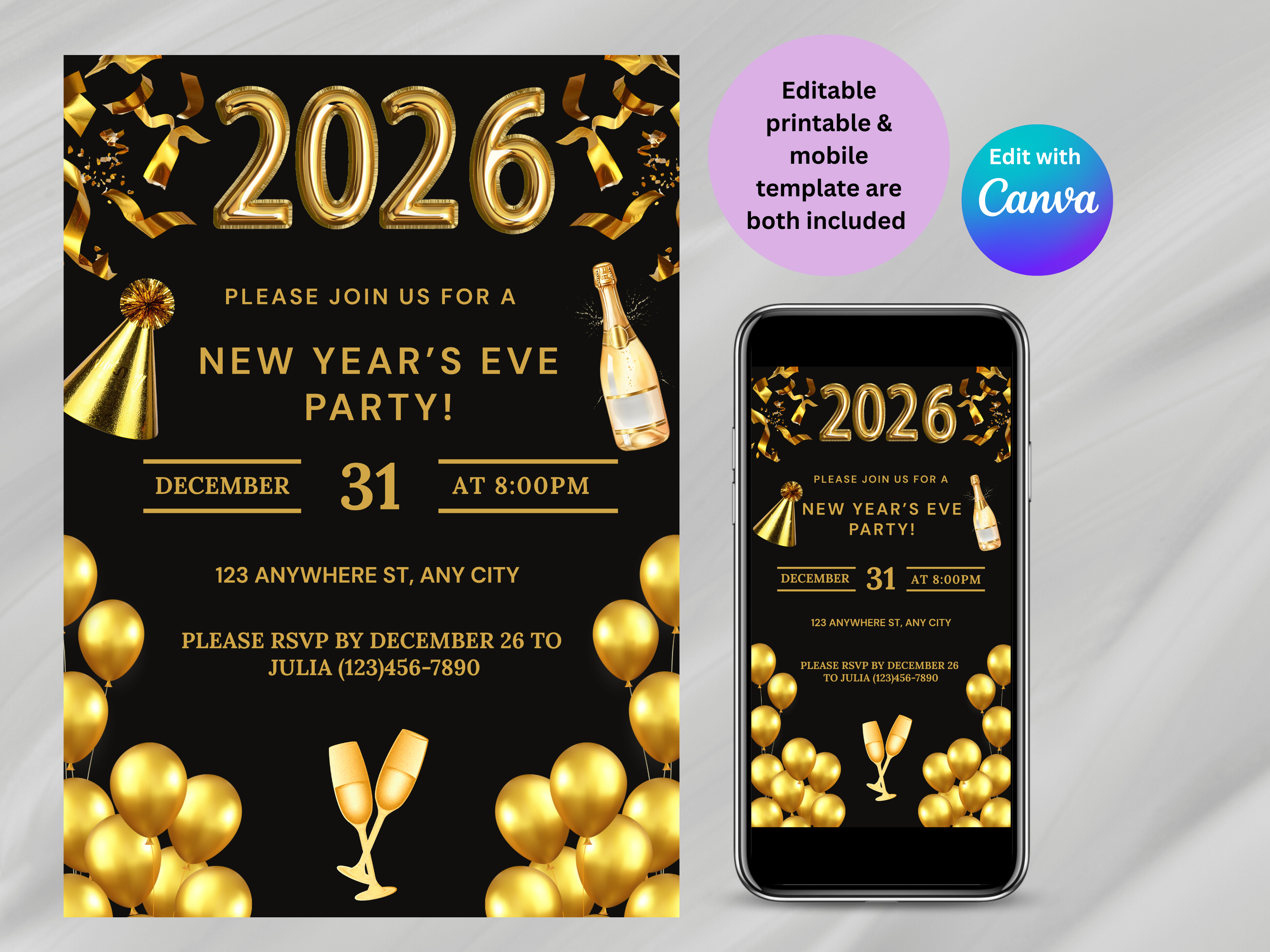 New Year's Eve party invitation with gold numbers, balloons, and champagne bottle on a black background.