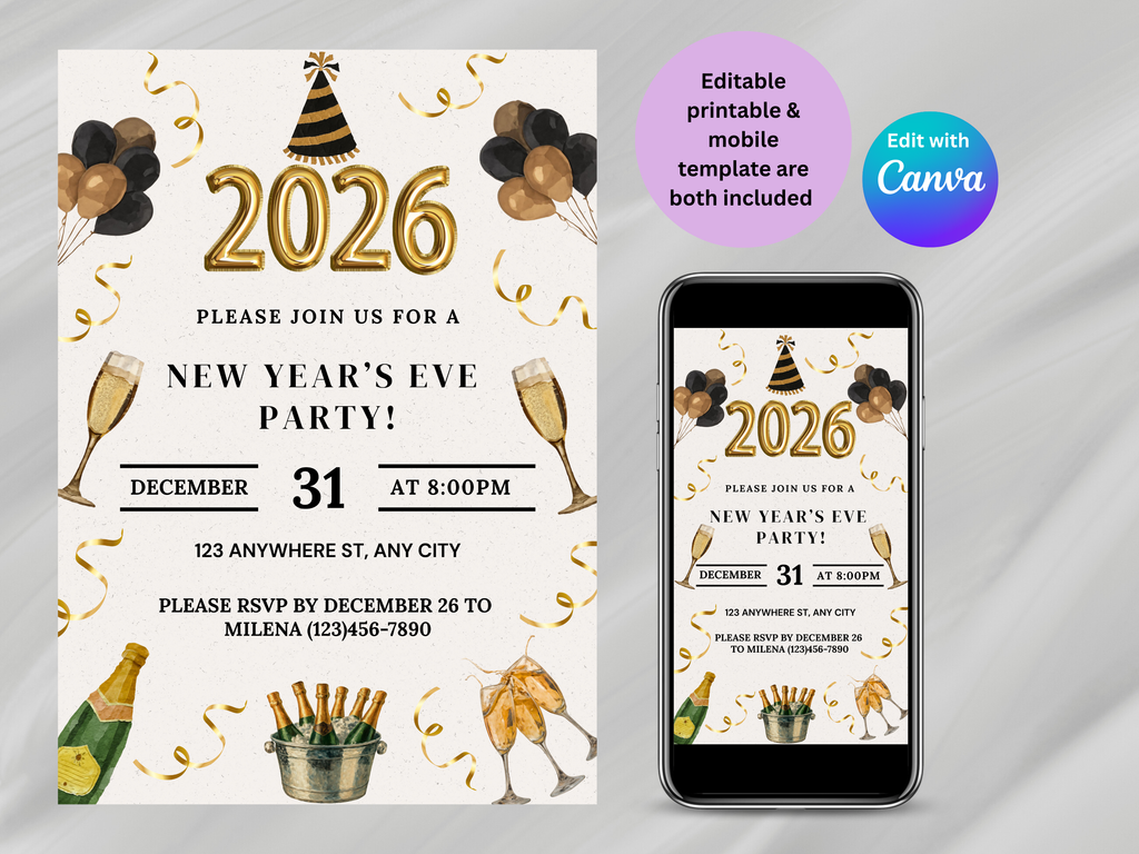 New Year's Eve party invitation with festive elements and smartphone displaying the invitation.