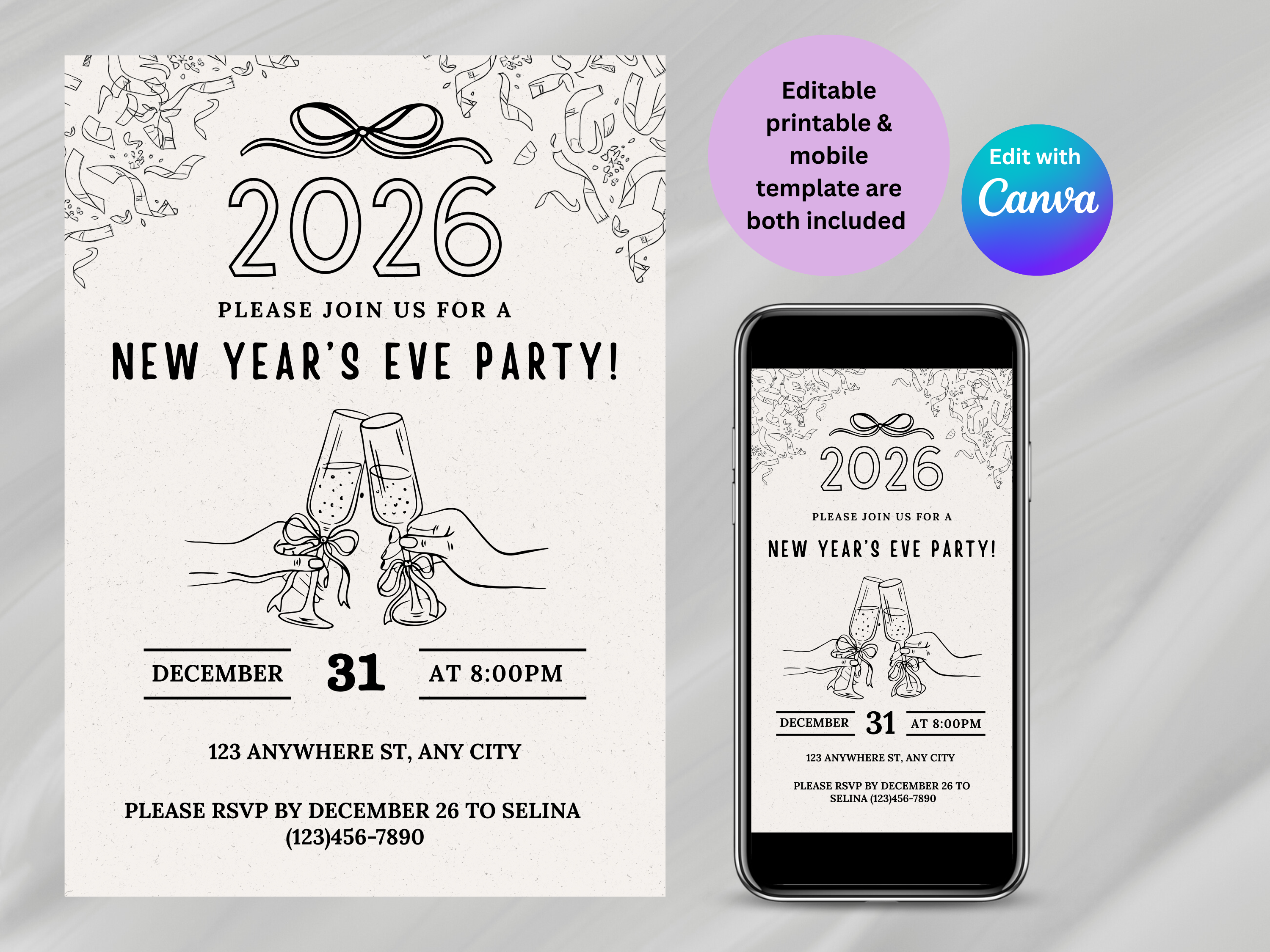 Minimalist hand-drawn doodle New Year’s Eve invitation, editable Canva digital template for NYE party

Editable doodle NYE digital invitation, simple minimalistic New Year’s Eve party Canva template

Hand-drawn minimal New Year’s Eve invitation, digital NYE party invite editable in Canva

Minimalist doodle New Year’s invitation, black and white hand-drawn NYE digital party template
