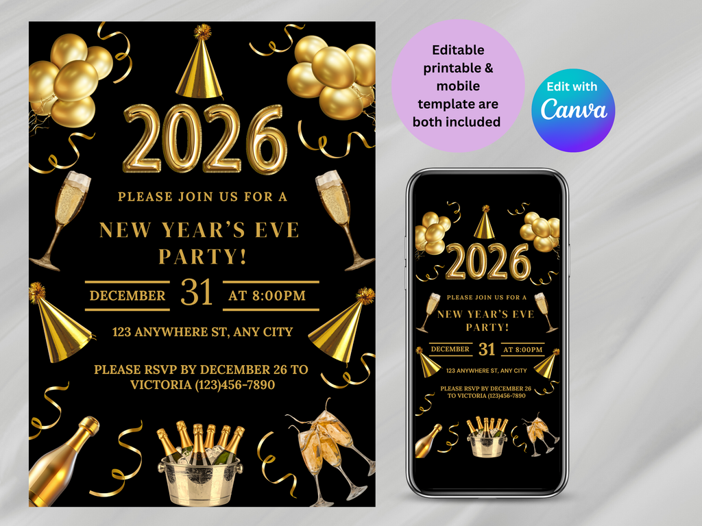 Black and gold party champagne New Year’s Eve invitation, editable digital NYE Countdown to 2026 template

Editable black and gold champagne NYE invite, digital New Year’s Eve party invitation for Countdown to 2026

Party champagne New Year’s Eve invitation in black and gold, Canva editable NYE Countdown to 2026 design

Black and gold champagne themed NYE digital invitation, elegant Countdown to 2026 party template
