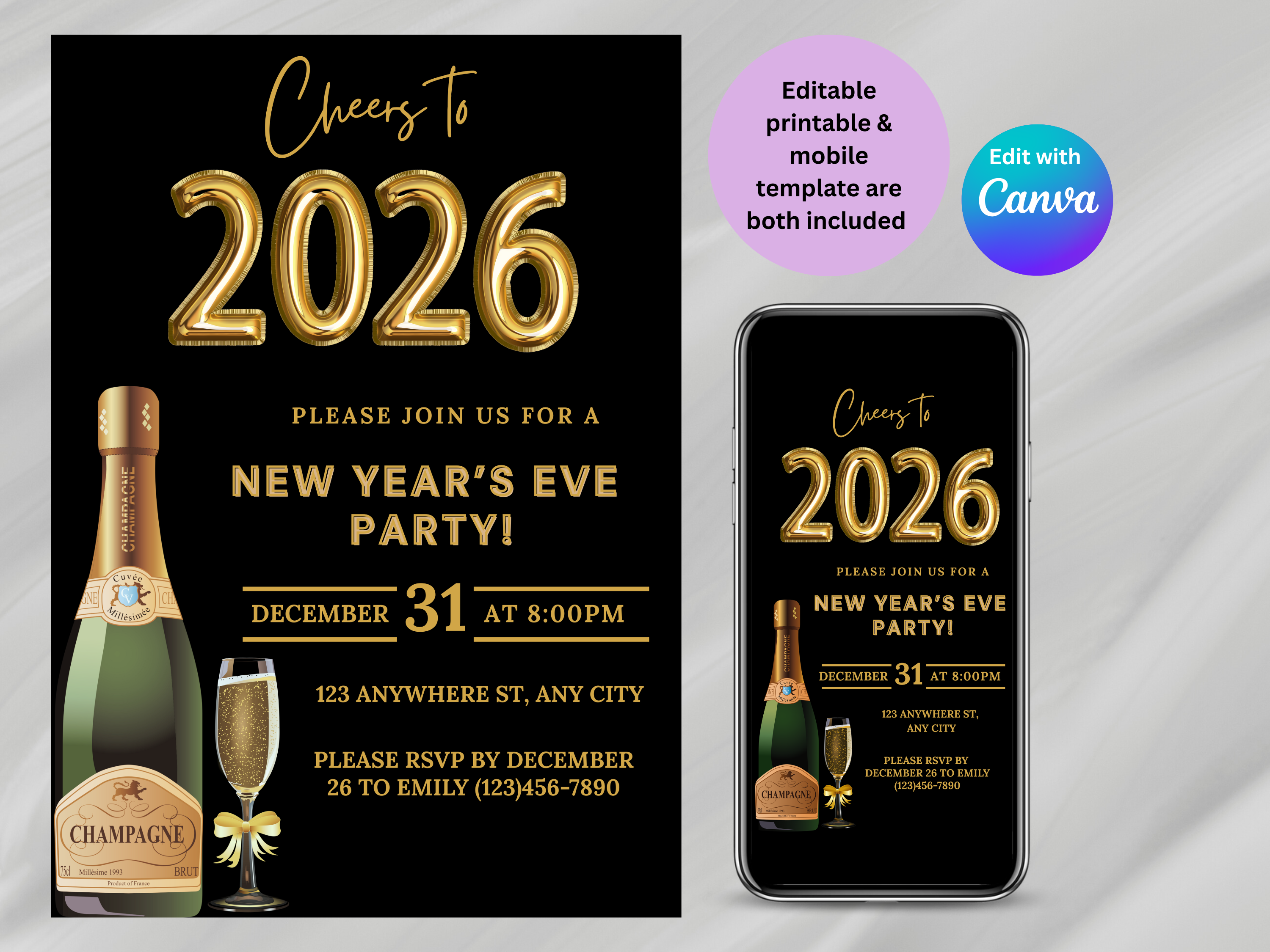 Black and gold party champagne New Year’s Eve invitation, editable digital NYE Countdown to 2026 template

Editable black and gold champagne NYE invite, digital New Year’s Eve party invitation for Countdown to 2026

Party champagne New Year’s Eve invitation in black and gold, Canva editable NYE Countdown to 2026 design

Black and gold champagne themed NYE digital invitation, elegant Countdown to 2026 party template
