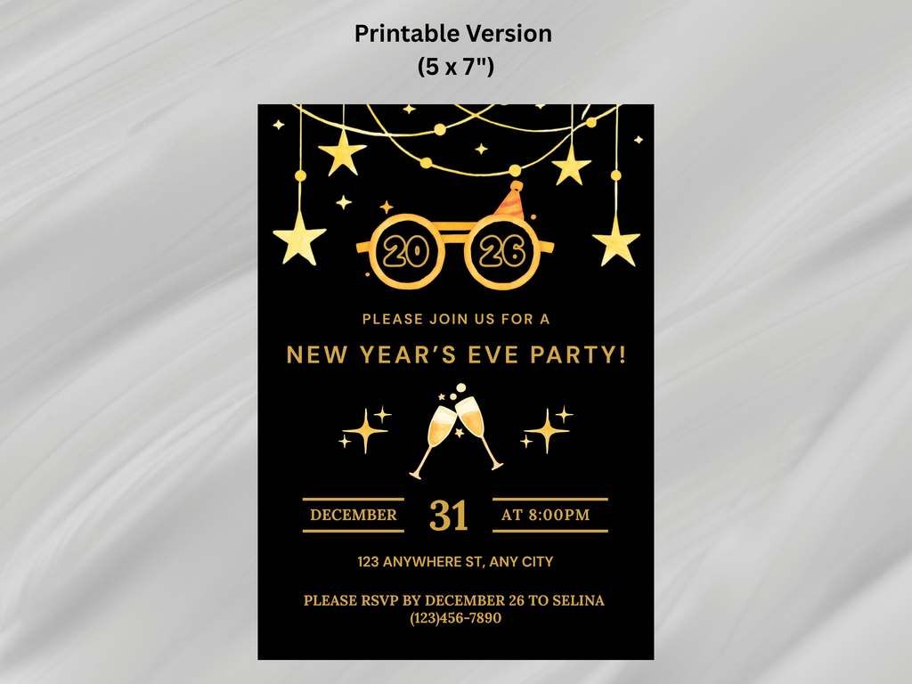 New Year's Eve party invitation with gold text and design on a black background