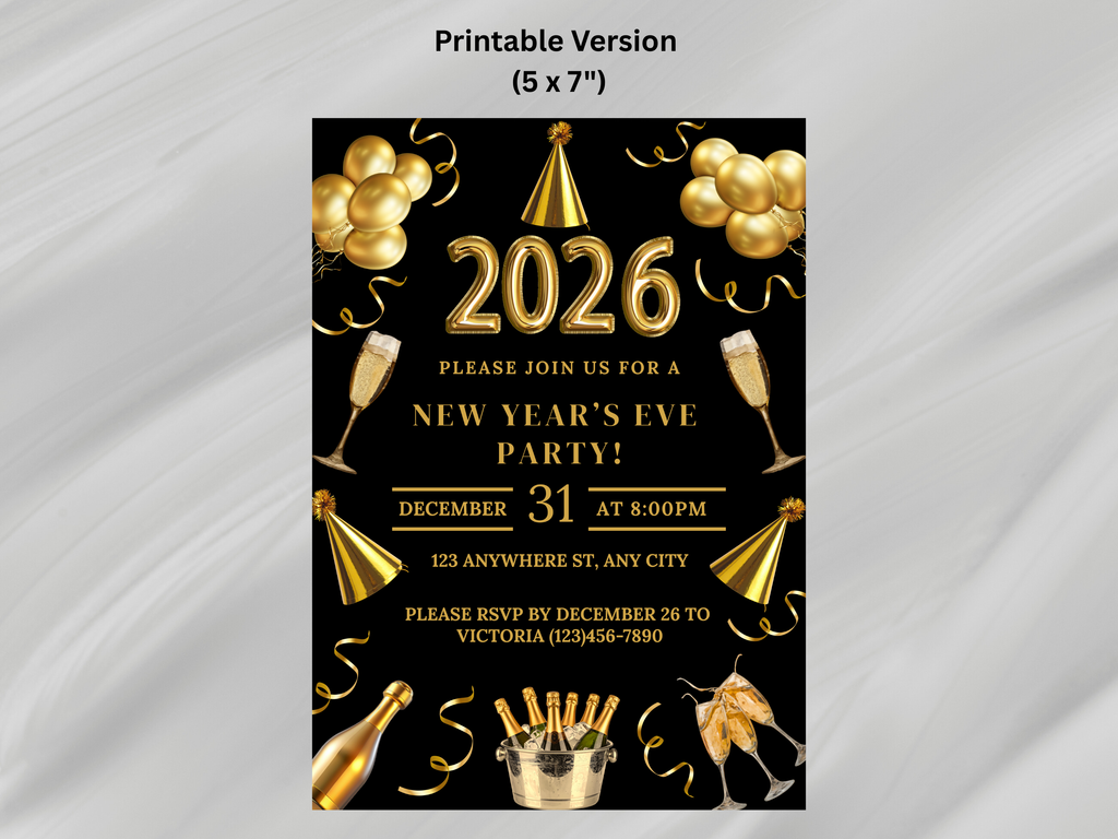 Black and gold party champagne New Year’s Eve invitation, editable digital NYE Countdown to 2026 template

Editable black and gold champagne NYE invite, digital New Year’s Eve party invitation for Countdown to 2026

Party champagne New Year’s Eve invitation in black and gold, Canva editable NYE Countdown to 2026 design

Black and gold champagne themed NYE digital invitation, elegant Countdown to 2026 party template
