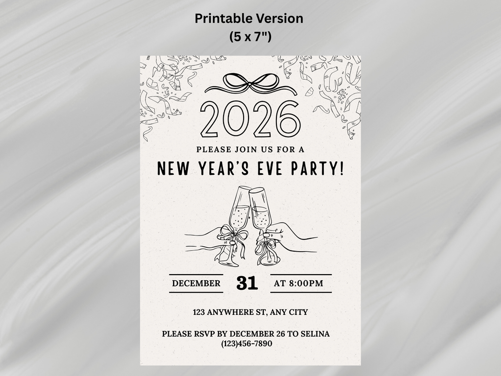 Minimalist hand-drawn doodle New Year’s Eve invitation, editable Canva digital template for NYE party

Editable doodle NYE digital invitation, simple minimalistic New Year’s Eve party Canva template

Hand-drawn minimal New Year’s Eve invitation, digital NYE party invite editable in Canva

Minimalist doodle New Year’s invitation, black and white hand-drawn NYE digital party template