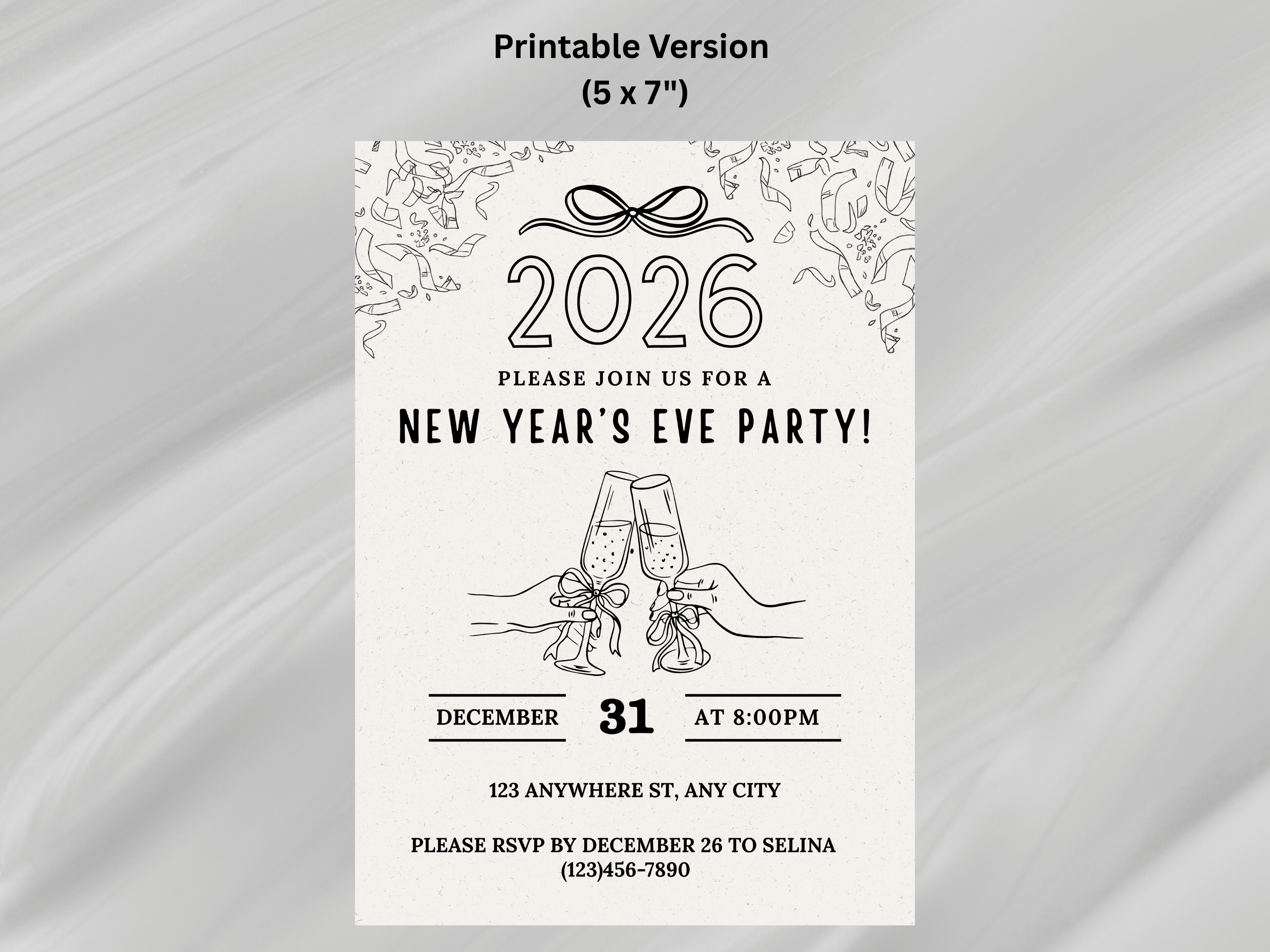 Minimalist hand-drawn doodle New Year’s Eve invitation, editable Canva digital template for NYE party

Editable doodle NYE digital invitation, simple minimalistic New Year’s Eve party Canva template

Hand-drawn minimal New Year’s Eve invitation, digital NYE party invite editable in Canva

Minimalist doodle New Year’s invitation, black and white hand-drawn NYE digital party template