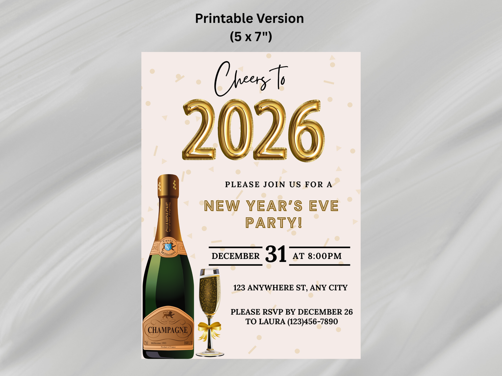 Champagne bottle and glass New Year’s Eve party invitation, editable Canva digital template in black and gold
Editable Champagne bottle NYE invitation with champagne glass, digital New Year’s Eve party template
Black and gold Champagne bottle and glass New Year’s Eve invite