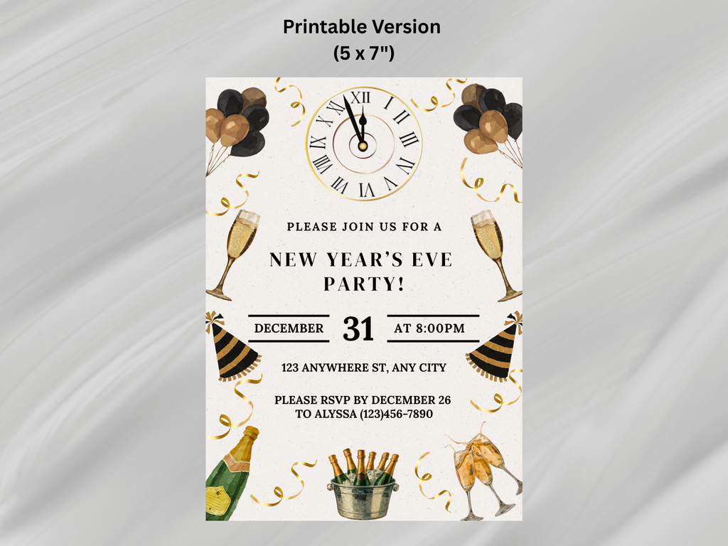 New Year's Eve party invitation with champagne, balloons, and clock design on a white background.
Beige and gold New Year’s Eve invitation with champagne, party hats, confetti, glasses, and a midnight clock countdown

Editable beige and gold NYE invitation featuring champagne, confetti, party hats, glasses, and a clock striking midnight

New Year’s Eve party invite in beige and gold with champagne glasses, party hats, confetti, and a midnight countdown clock