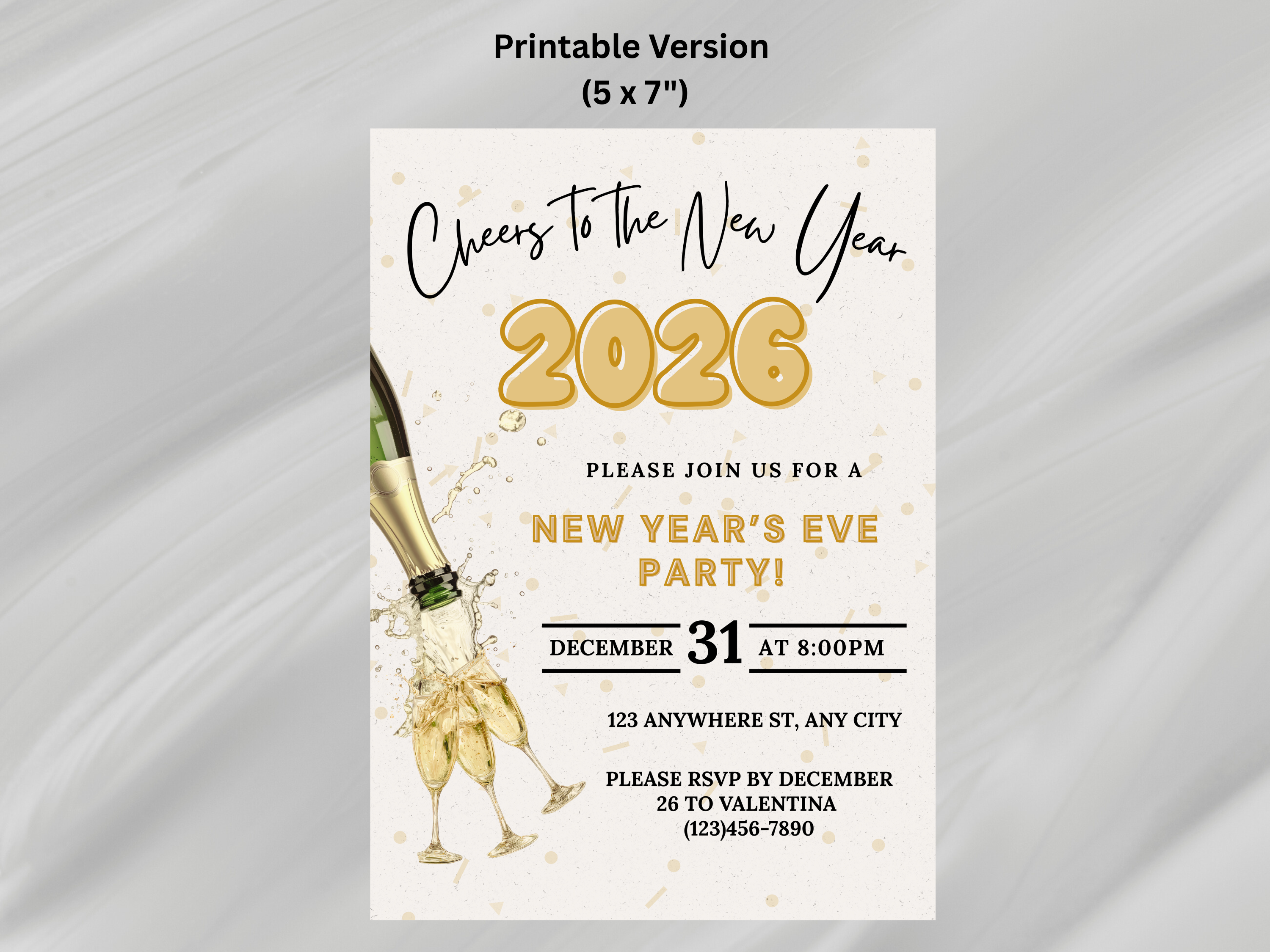New Year's Eve party invitation with champagne bottle and text on a gray background
New Year’s Eve invitation with champagne pouring into a glass, editable digital NYE party template

Champagne pouring into glass New Year’s Eve invite, editable Canva digital party invitation

Elegant NYE invitation with champagne being poured, digital New Year’s Eve celebration template

Champagne pour New Year’s Eve party invitation, editable digital NYE countdown design

Modern New Year’s Eve invite featuring champagne po