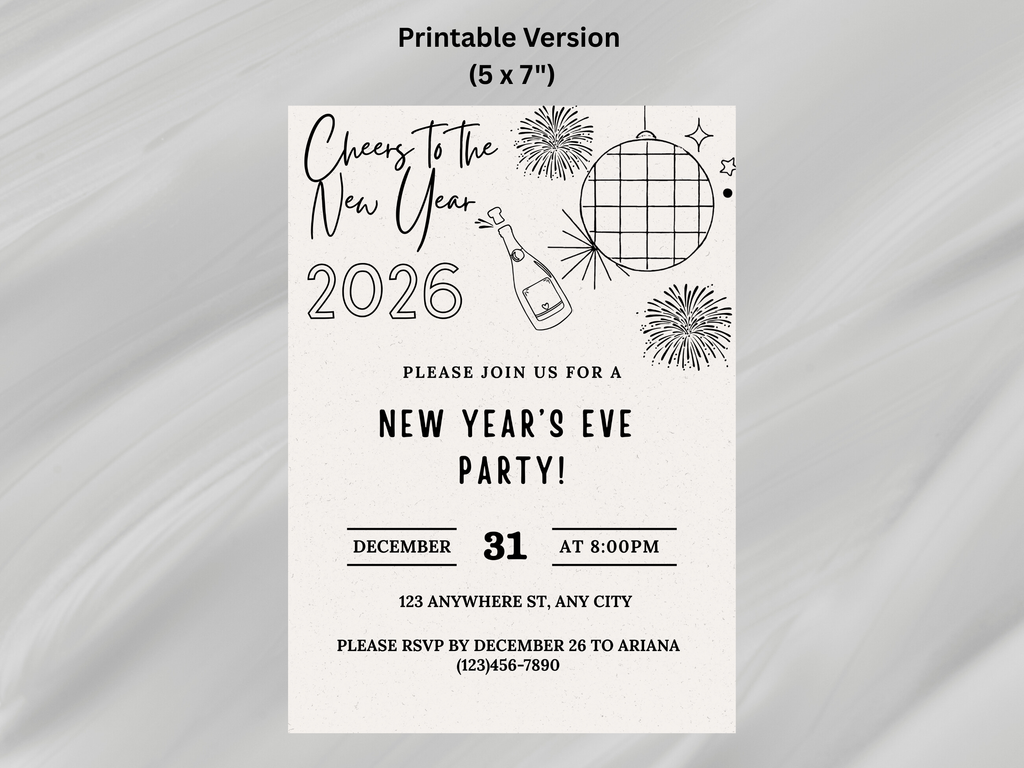 Minimalist hand-drawn doodle New Year’s Eve invitation, editable Canva digital template for NYE party
Editable doodle NYE digital invitation, simple minimalistic New Year’s Eve party Canva template
Hand-drawn minimal New Year’s Eve invitation, digital NYE party invite editable in Canva
Minimalist doodle New Year’s invitation, black and white hand-drawn NYE digital party template