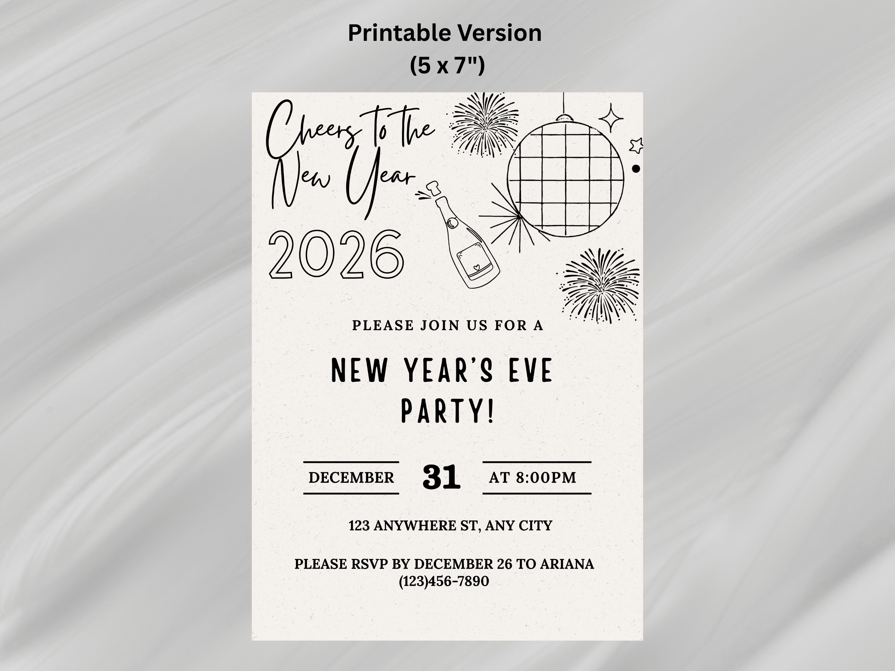 Minimalist hand-drawn doodle New Year’s Eve invitation, editable Canva digital template for NYE party
Editable doodle NYE digital invitation, simple minimalistic New Year’s Eve party Canva template
Hand-drawn minimal New Year’s Eve invitation, digital NYE party invite editable in Canva
Minimalist doodle New Year’s invitation, black and white hand-drawn NYE digital party template