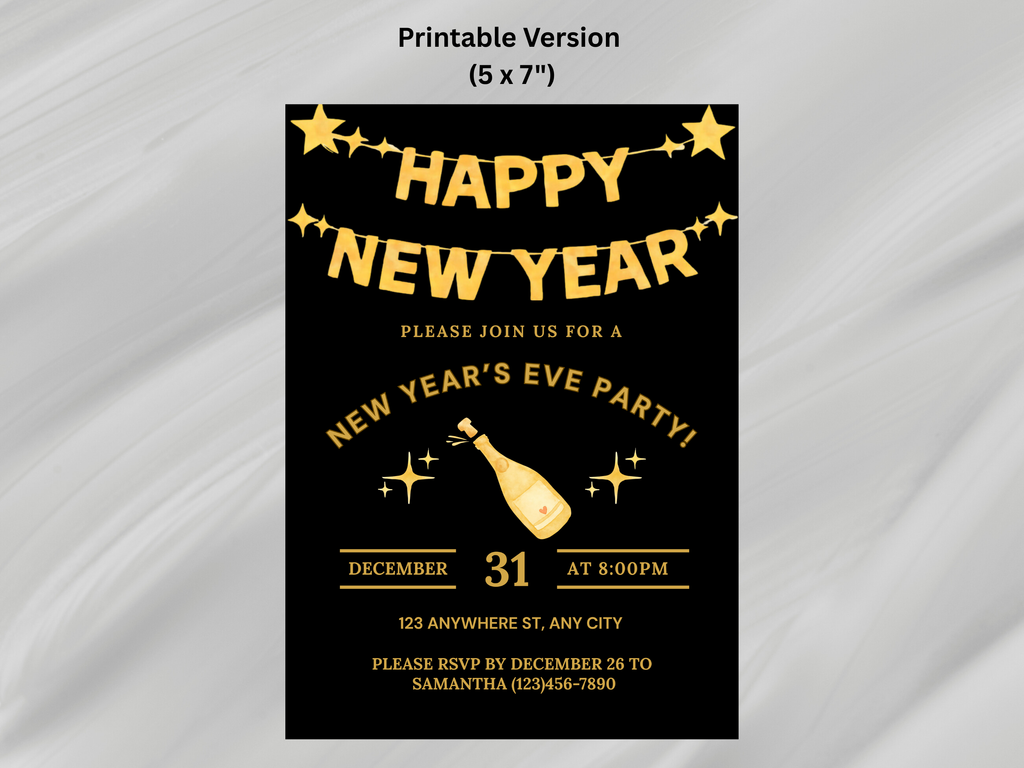 New Year's Eve party invitation card with gold text on a black background