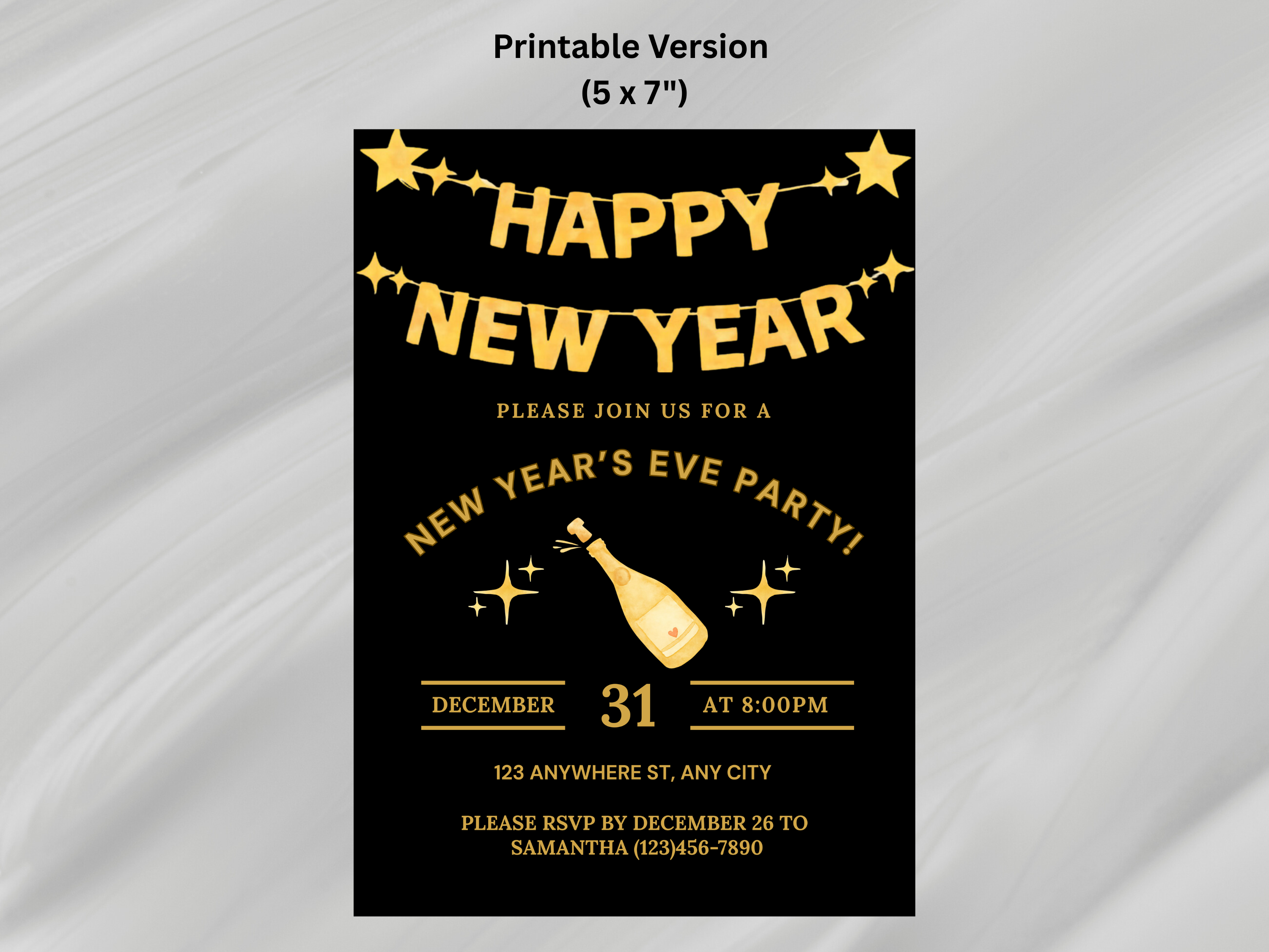 New Year's Eve party invitation card with gold text on a black background