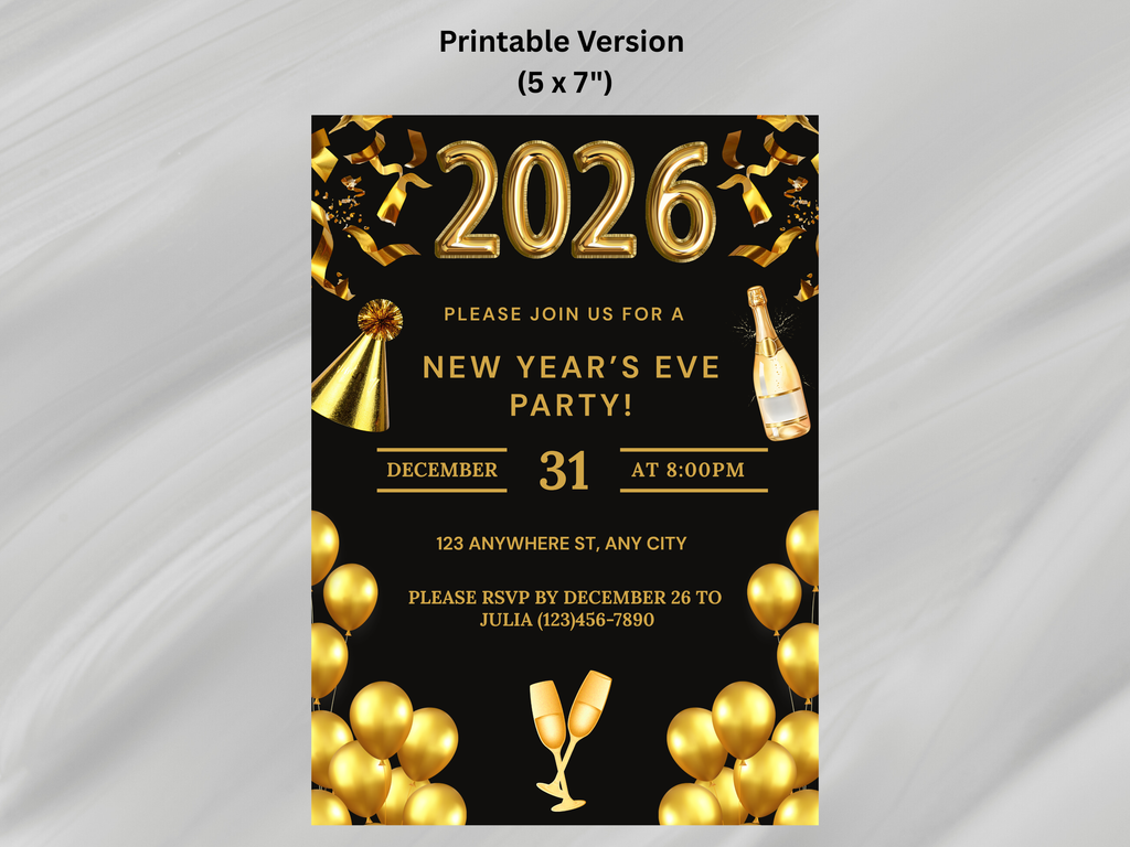 New Year's Eve party invitation with gold text and decorations on a black background.
