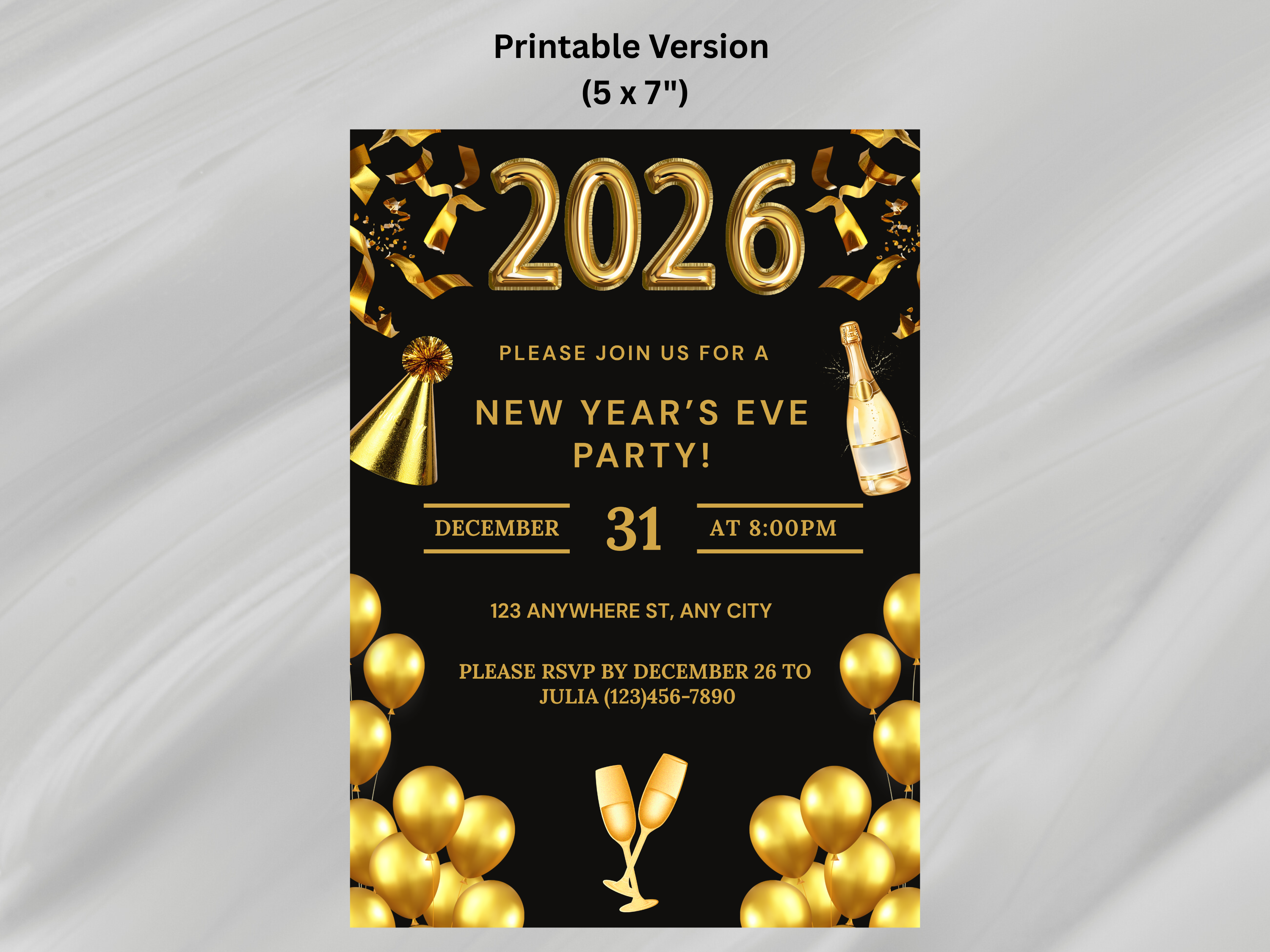 New Year's Eve party invitation with gold text and decorations on a black background.
