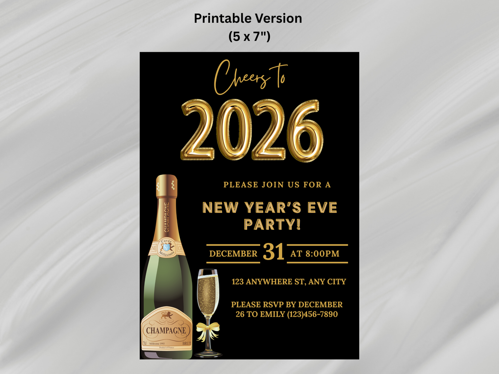 Black and gold party champagne New Year’s Eve invitation, editable digital NYE Countdown to 2026 template

Editable black and gold champagne NYE invite, digital New Year’s Eve party invitation for Countdown to 2026

Party champagne New Year’s Eve invitation in black and gold, Canva editable NYE Countdown to 2026 design

Black and gold champagne themed NYE digital invitation, elegant Countdown to 2026 party template