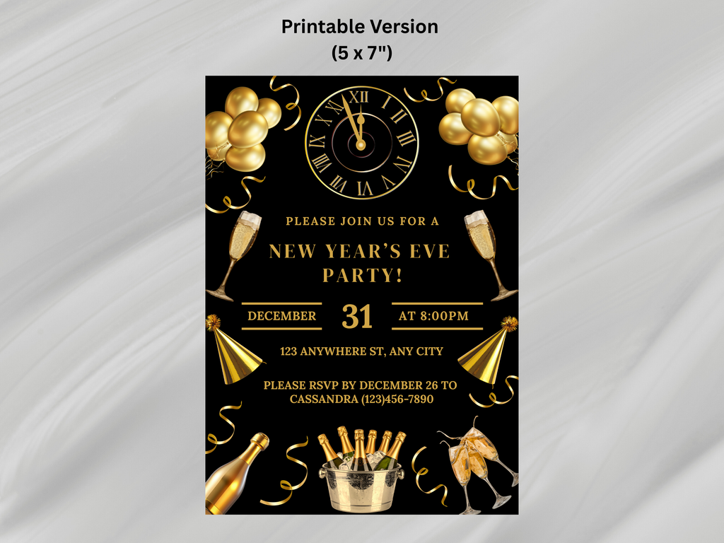 New Year's Eve party invitation with gold balloons, clock, and champagne glasses on a black background.
Black and gold New Year’s Eve invitation with champagne, party hats, confetti, glasses, and a midnight countdown clock

Editable black and gold NYE invitation featuring champagne, confetti, party hats, glasses, and a clock striking midnight

Black and gold New Year’s Eve party invite with champagne glasses, party hats, confetti, and a midnight countdown clock

Elegant black and gold NYE digital invitation