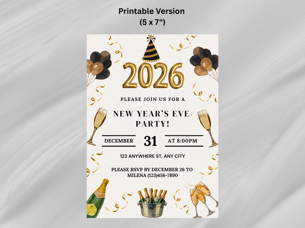 New Year's Eve party invitation with champagne, balloons, and text on a white background