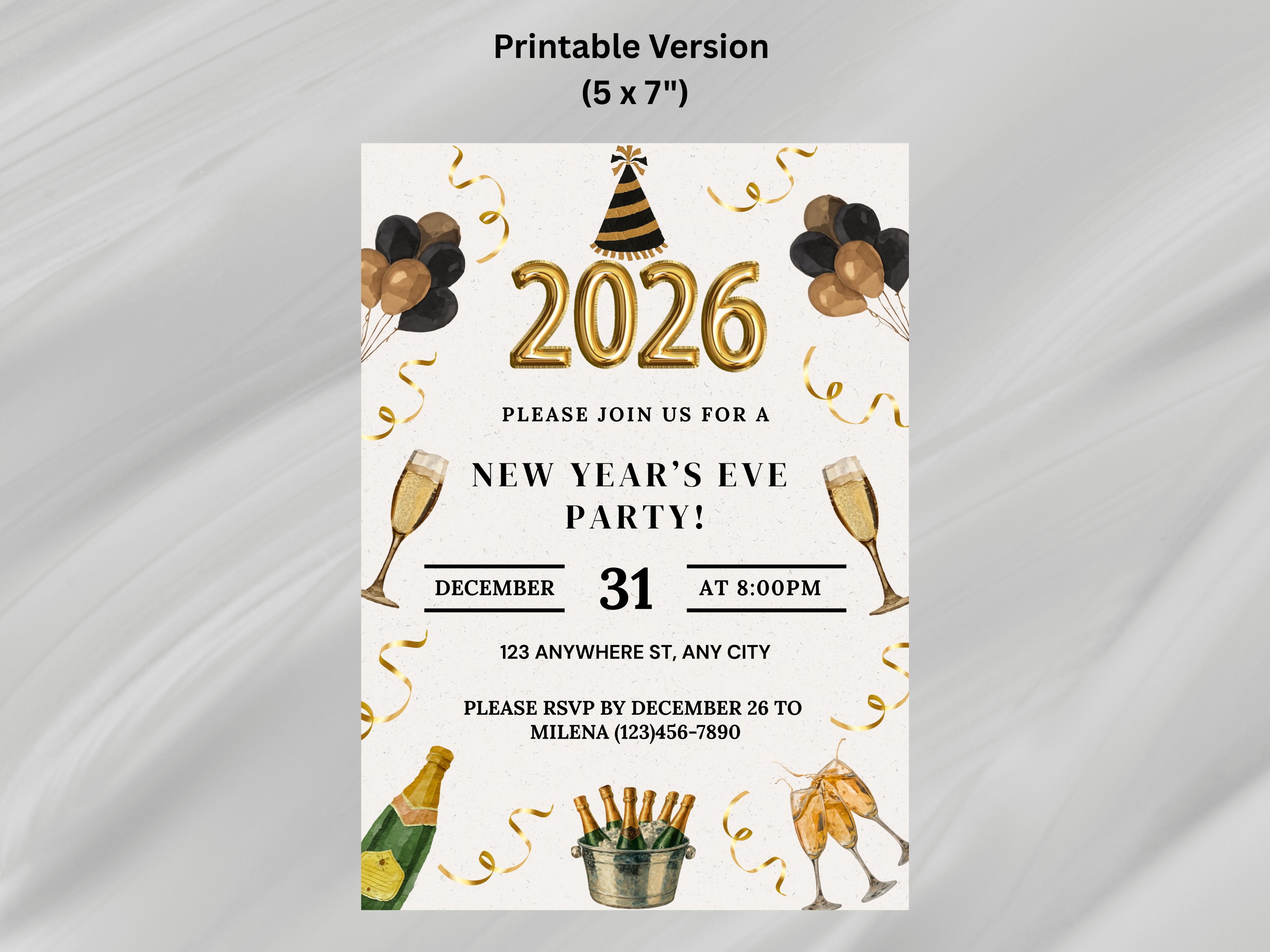 New Year's Eve party invitation with champagne, balloons, and text on a white background