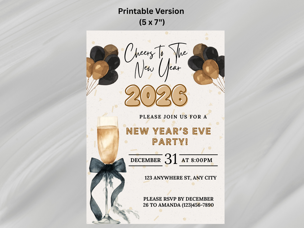 New Year's Eve party invitation with champagne glass, balloons, and text on a white background.