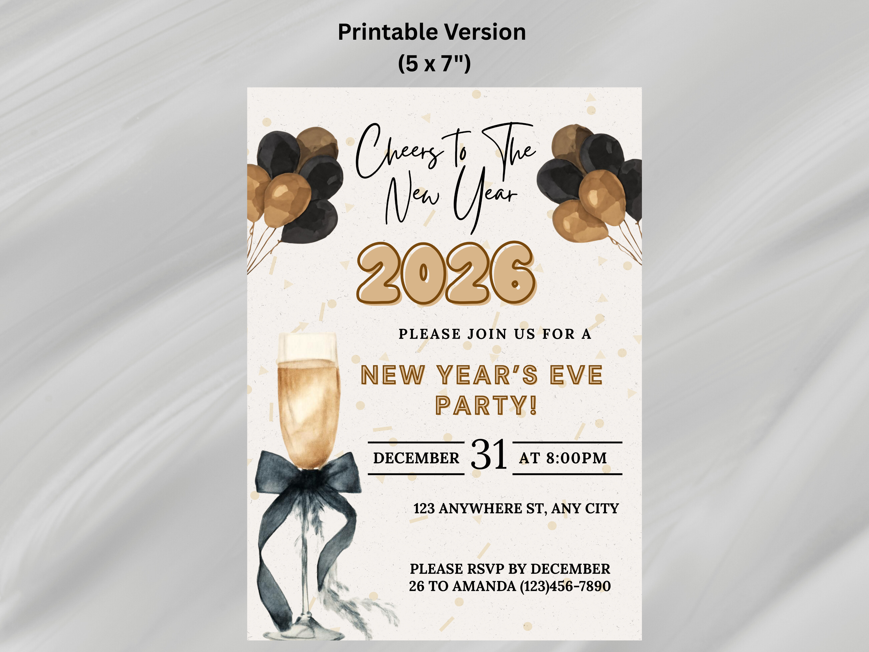 New Year's Eve party invitation with champagne glass, balloons, and text on a white background.