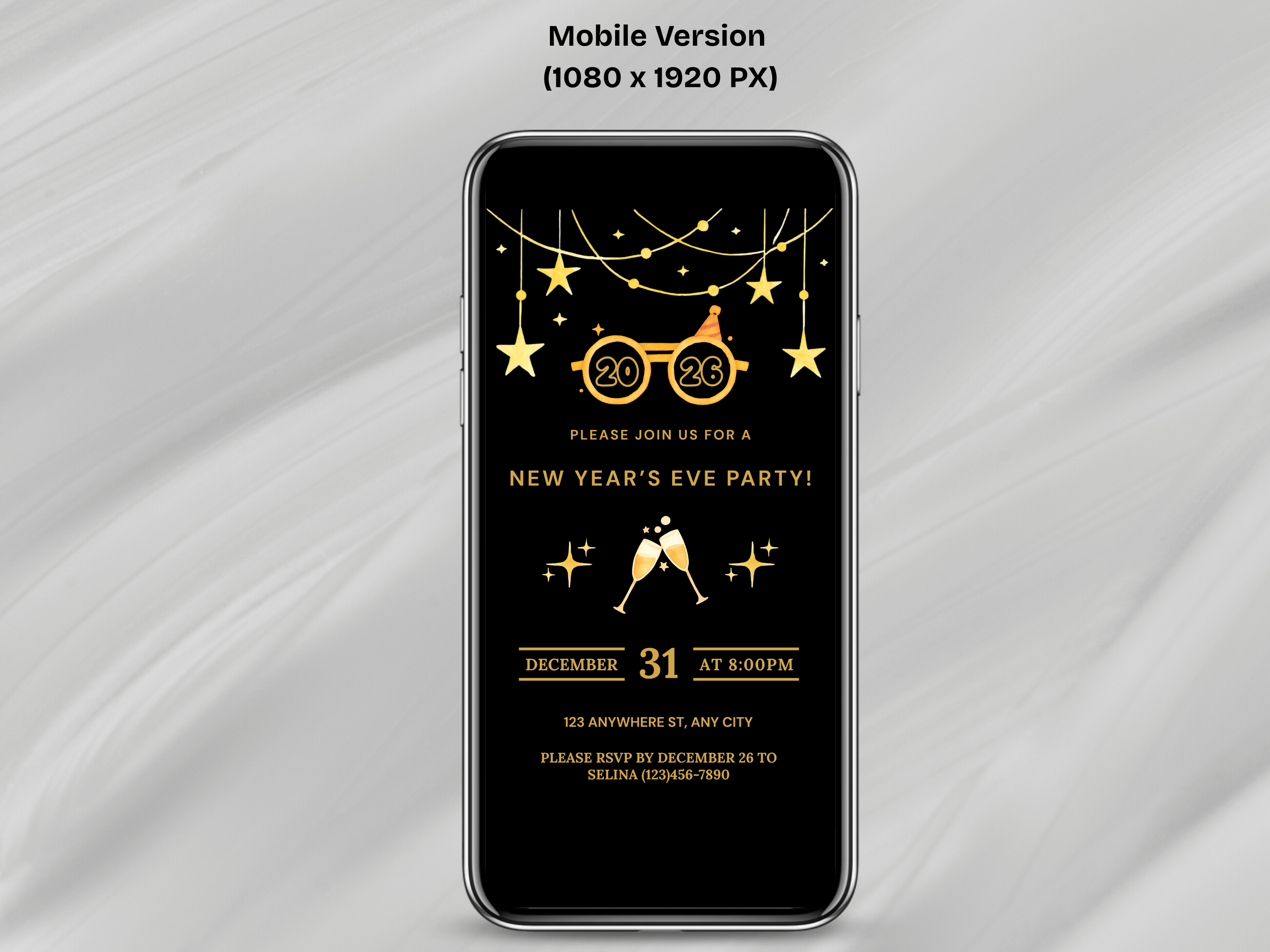 Phone screen displaying a New Year's Eve party invitation with gold text on a black background.