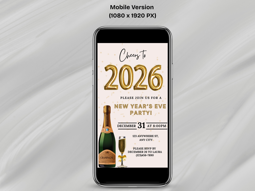 Champagne bottle and glass New Year’s Eve party invitation, editable Canva digital template in black and gold
Editable Champagne bottle NYE invitation with champagne glass, digital New Year’s Eve party template
Black and gold Champagne bottle and glass New Year’s Eve invite