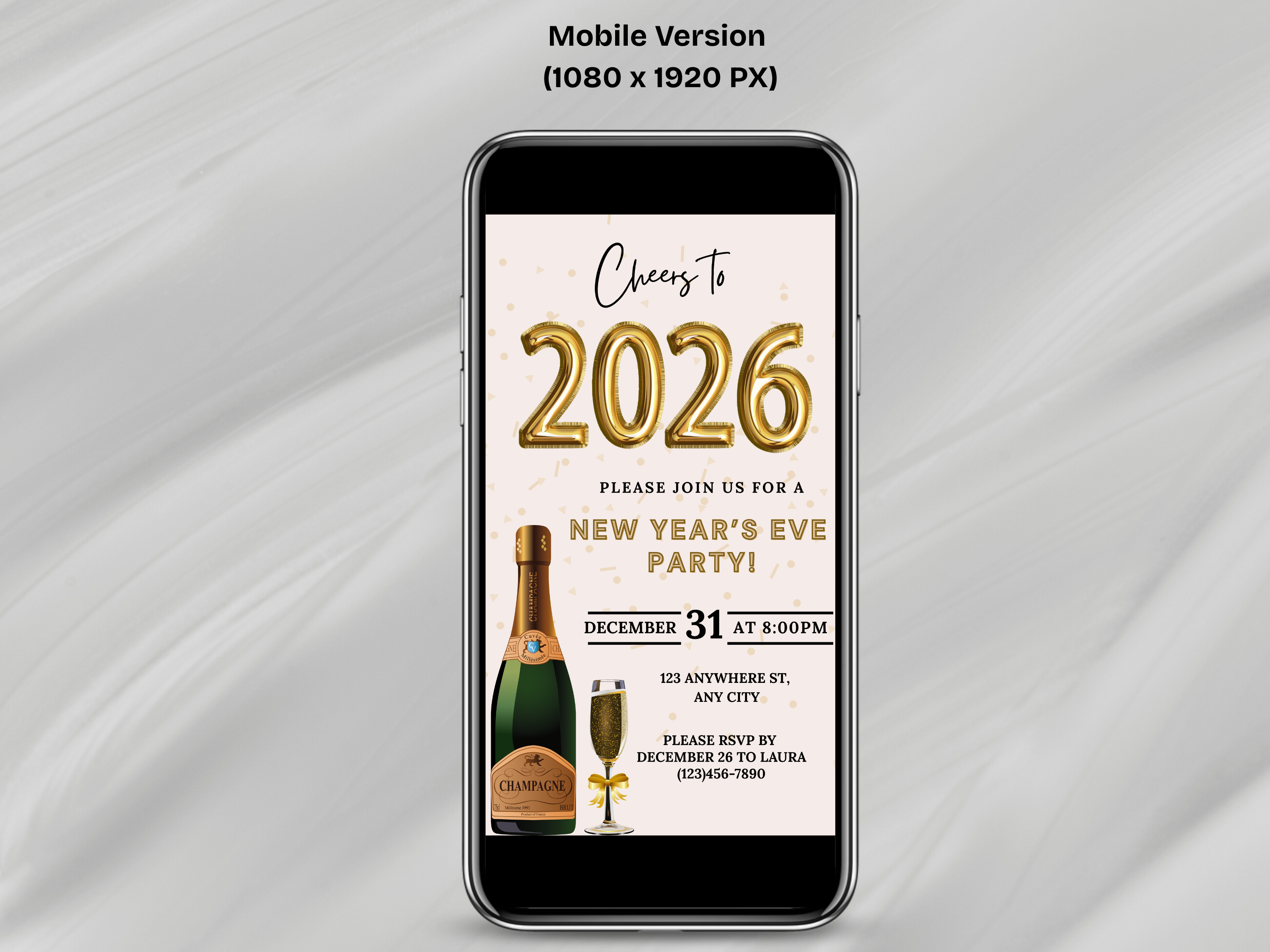 Champagne bottle and glass New Year’s Eve party invitation, editable Canva digital template in black and gold
Editable Champagne bottle NYE invitation with champagne glass, digital New Year’s Eve party template
Black and gold Champagne bottle and glass New Year’s Eve invite