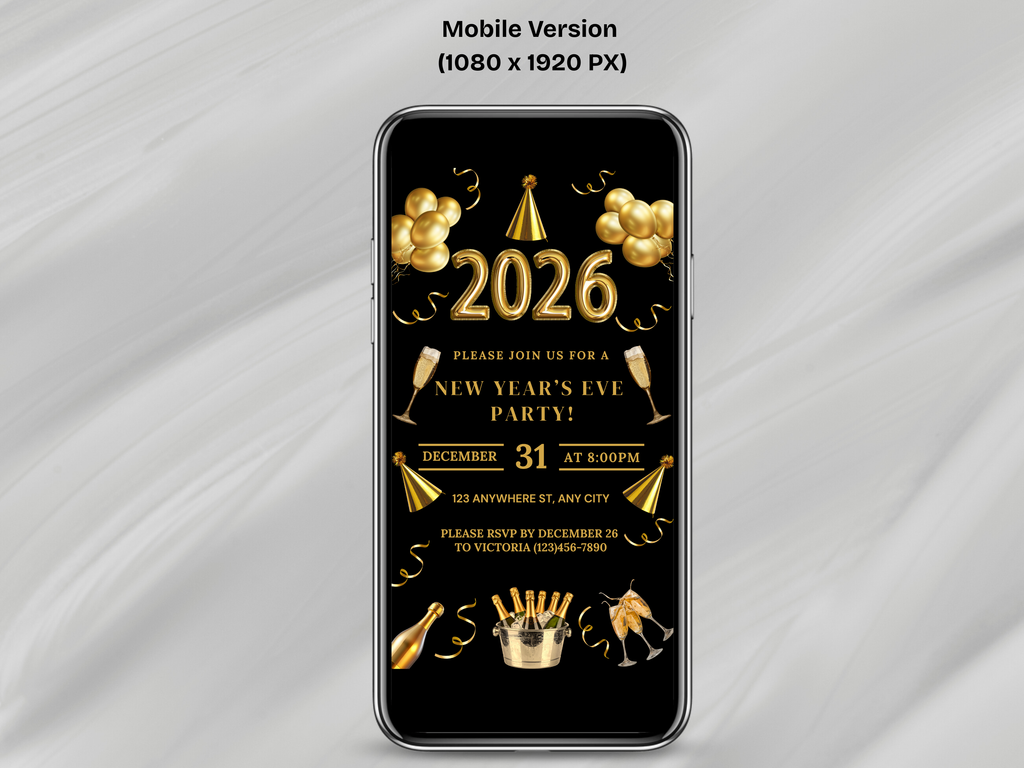 Black and gold party champagne New Year’s Eve invitation, editable digital NYE Countdown to 2026 template

Editable black and gold champagne NYE invite, digital New Year’s Eve party invitation for Countdown to 2026

Party champagne New Year’s Eve invitation in black and gold, Canva editable NYE Countdown to 2026 design

Black and gold champagne themed NYE digital invitation, elegant Countdown to 2026 party template