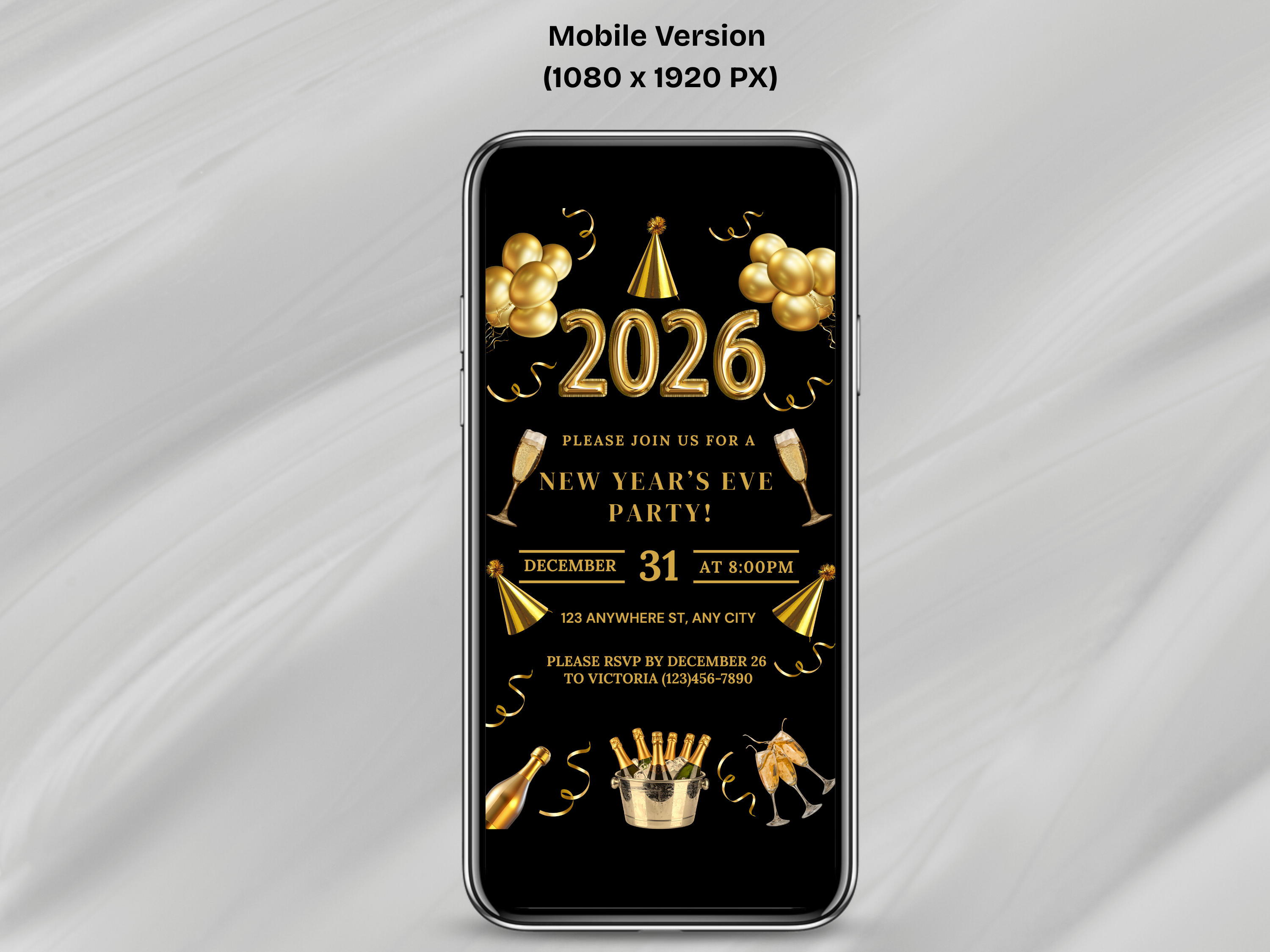 Black and gold party champagne New Year’s Eve invitation, editable digital NYE Countdown to 2026 template

Editable black and gold champagne NYE invite, digital New Year’s Eve party invitation for Countdown to 2026

Party champagne New Year’s Eve invitation in black and gold, Canva editable NYE Countdown to 2026 design

Black and gold champagne themed NYE digital invitation, elegant Countdown to 2026 party template