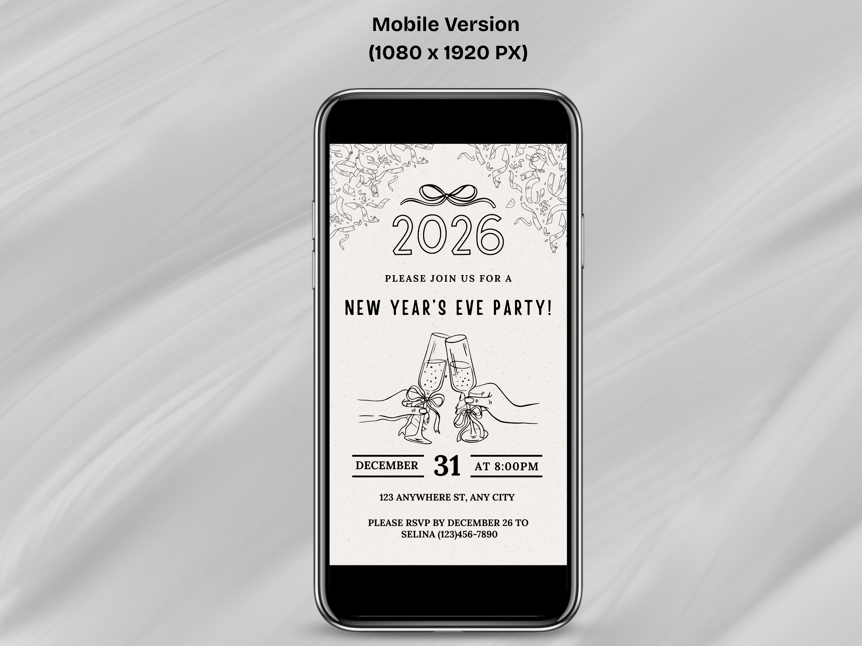 Minimalist hand-drawn doodle New Year’s Eve invitation, editable Canva digital template for NYE party

Editable doodle NYE digital invitation, simple minimalistic New Year’s Eve party Canva template

Hand-drawn minimal New Year’s Eve invitation, digital NYE party invite editable in Canva

Minimalist doodle New Year’s invitation, black and white hand-drawn NYE digital party template