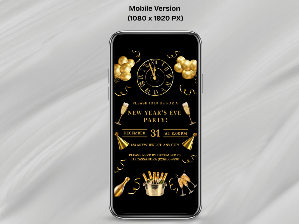 Phone screen displaying a New Year's Eve party invitation with gold and black design.
Black and gold New Year’s Eve invitation with champagne, party hats, confetti, glasses, and a midnight countdown clock

Editable black and gold NYE invitation featuring champagne, confetti, party hats, glasses, and a clock striking midnight

Black and gold New Year’s Eve party invite with champagne glasses, party hats, confetti, and a midnight countdown clock

Elegant black and gold NYE digital invitation
