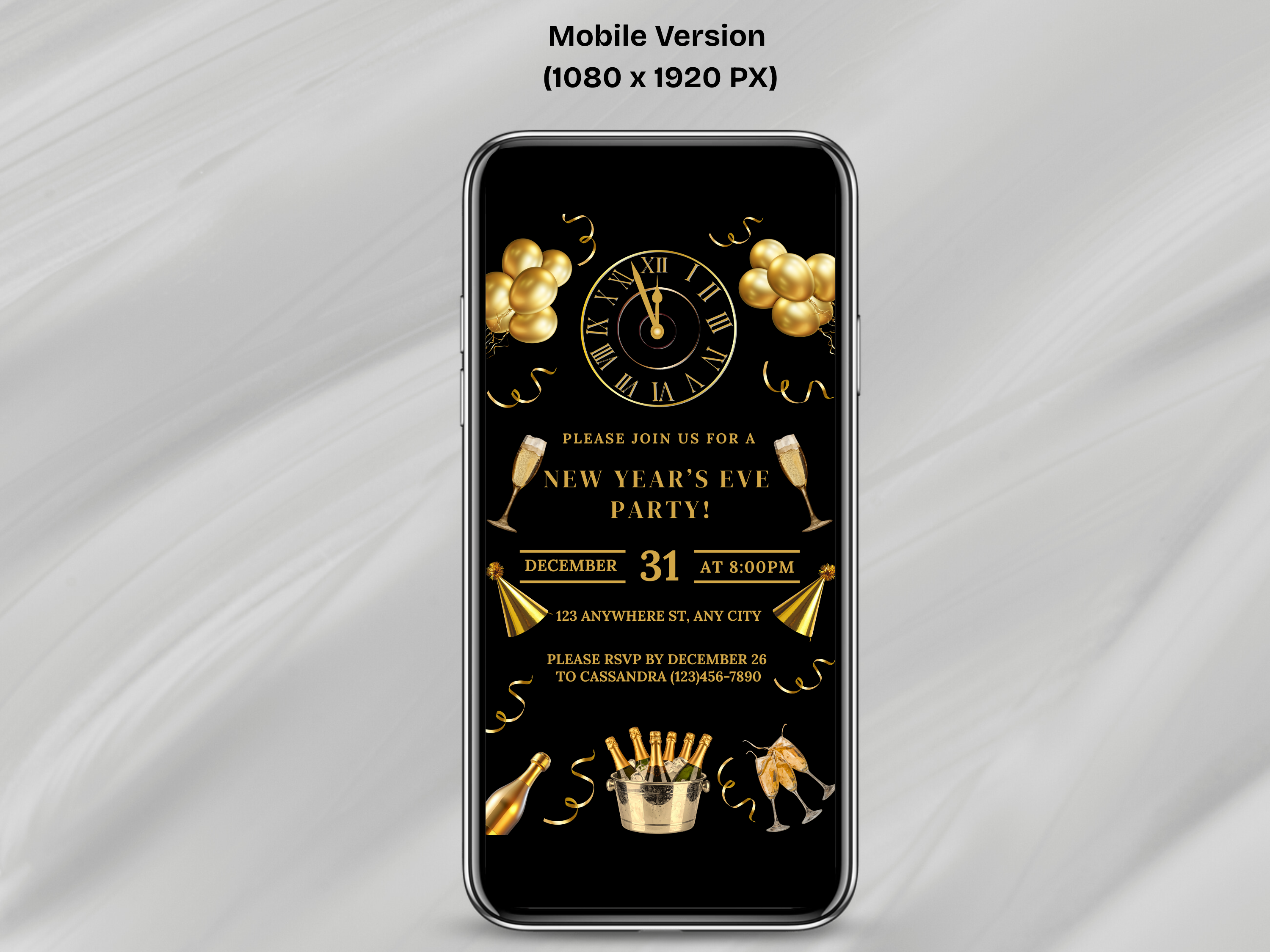 Phone screen displaying a New Year's Eve party invitation with gold and black design.
Black and gold New Year’s Eve invitation with champagne, party hats, confetti, glasses, and a midnight countdown clock

Editable black and gold NYE invitation featuring champagne, confetti, party hats, glasses, and a clock striking midnight

Black and gold New Year’s Eve party invite with champagne glasses, party hats, confetti, and a midnight countdown clock

Elegant black and gold NYE digital invitation