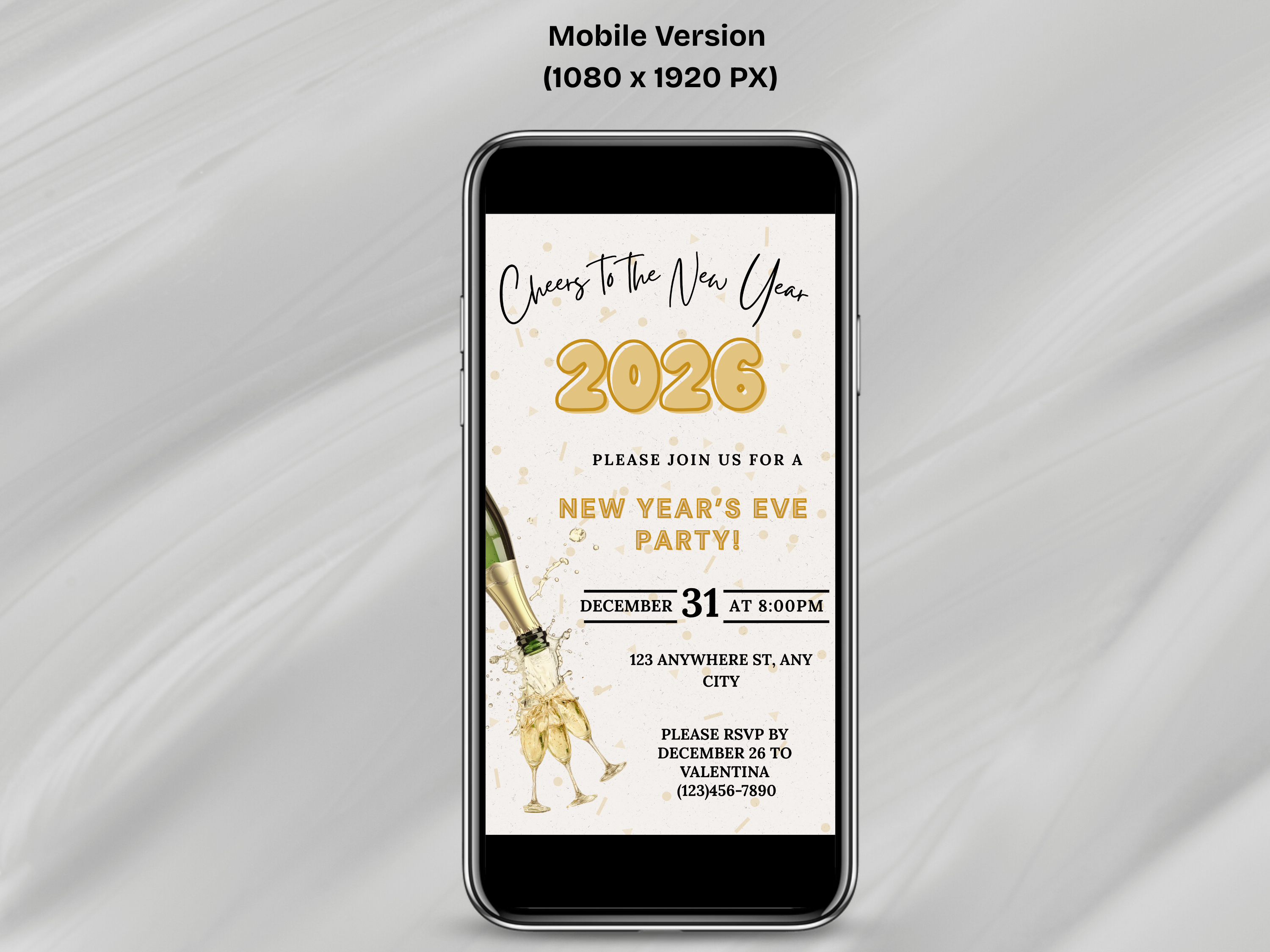 Phone displaying a New Year's Eve party invitation on a gray background
New Year’s Eve invitation with champagne pouring into a glass, editable digital NYE party template

Champagne pouring into glass New Year’s Eve invite, editable Canva digital party invitation

Elegant NYE invitation with champagne being poured, digital New Year’s Eve celebration template

Champagne pour New Year’s Eve party invitation, editable digital NYE countdown design

Modern New Year’s Eve invite featuring champagne pouring into a