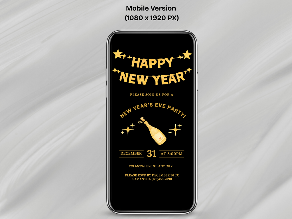 Phone screen displaying a New Year's Eve party invitation with gold text on a black background.