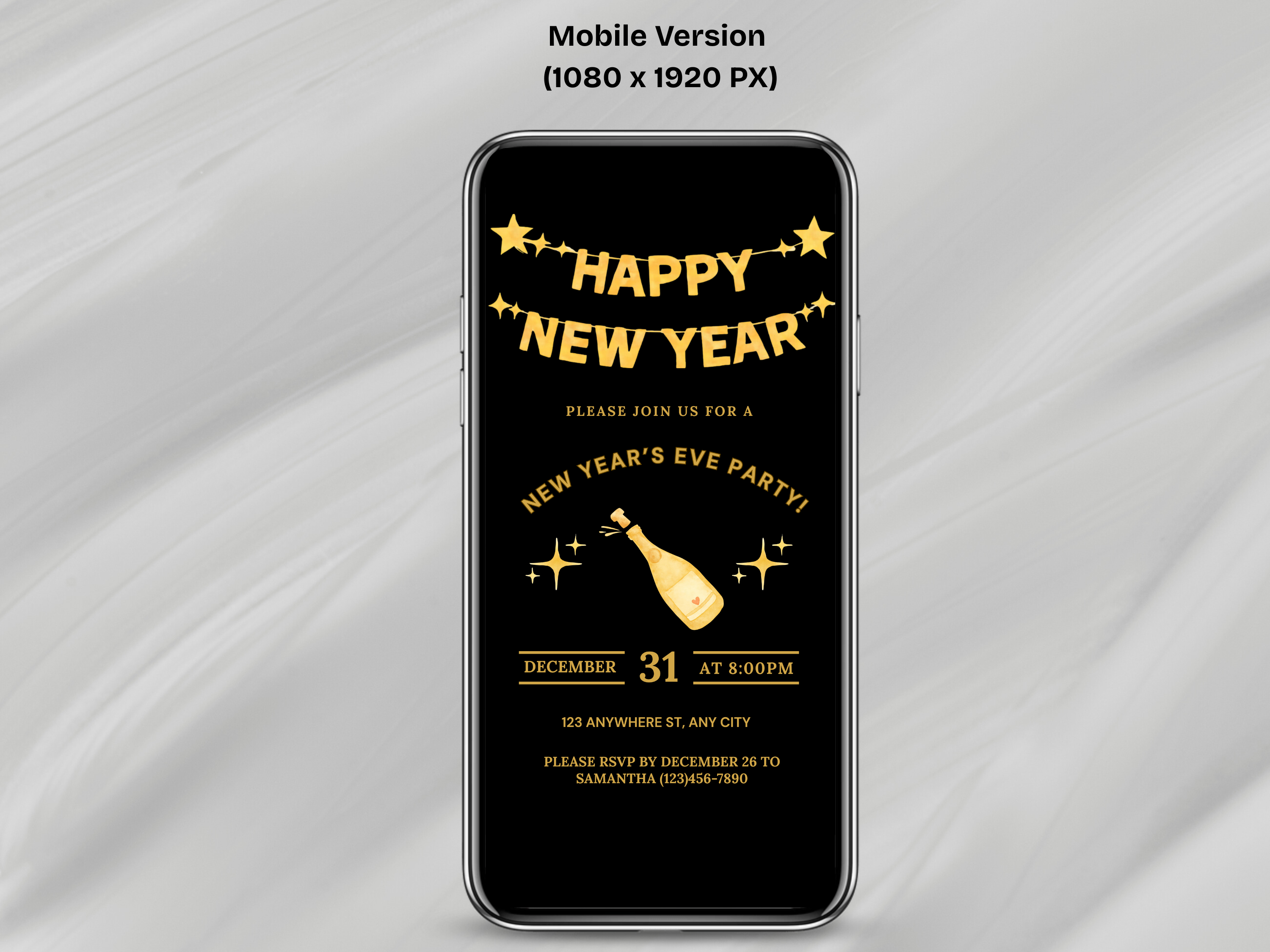Phone screen displaying a New Year's Eve party invitation with gold text on a black background.