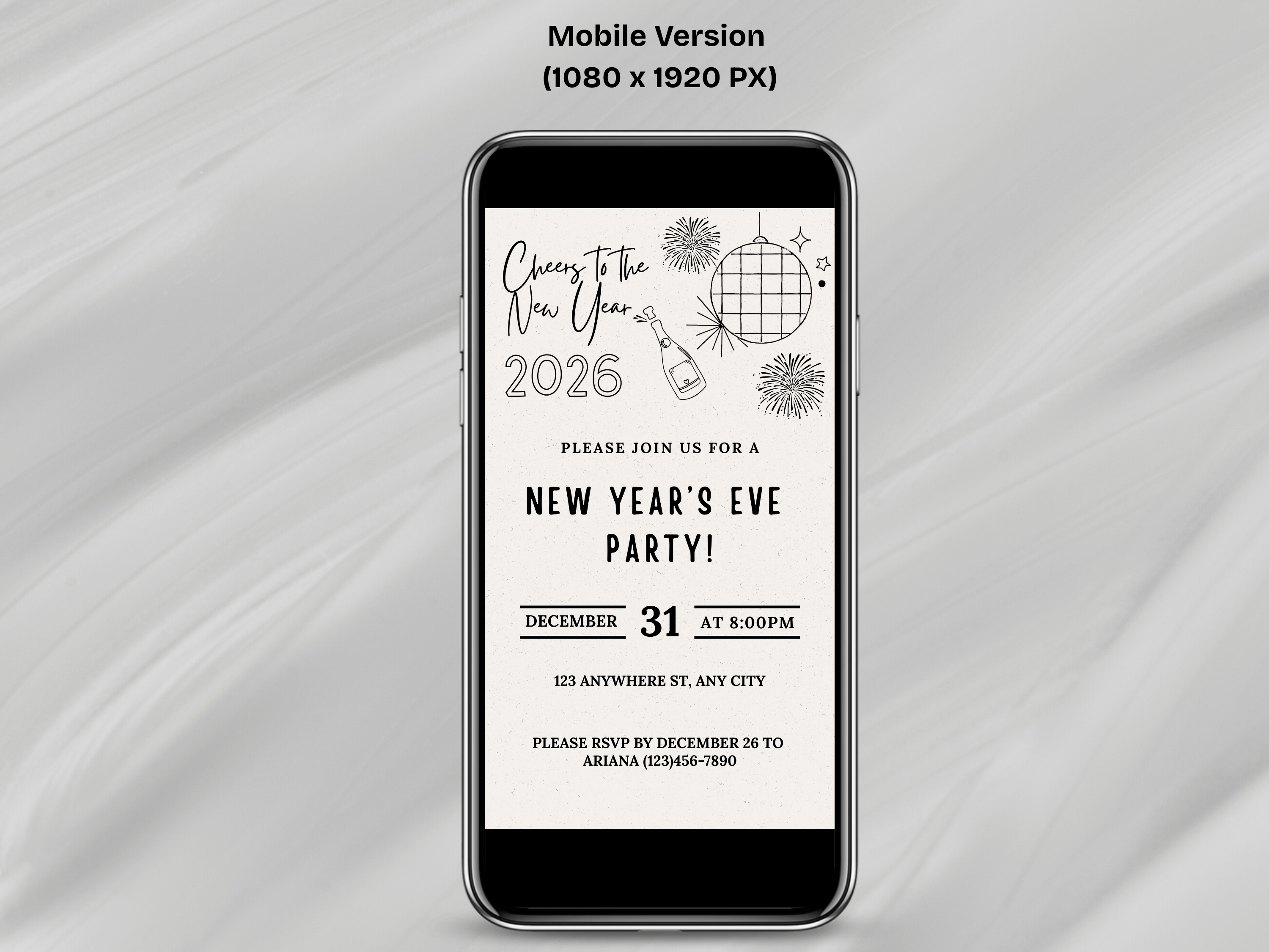 Minimalist hand-drawn doodle New Year’s Eve invitation, editable Canva digital template for NYE party
Editable doodle NYE digital invitation, simple minimalistic New Year’s Eve party Canva template
Hand-drawn minimal New Year’s Eve invitation, digital NYE party invite editable in Canva
Minimalist doodle New Year’s invitation, black and white hand-drawn NYE digital party template