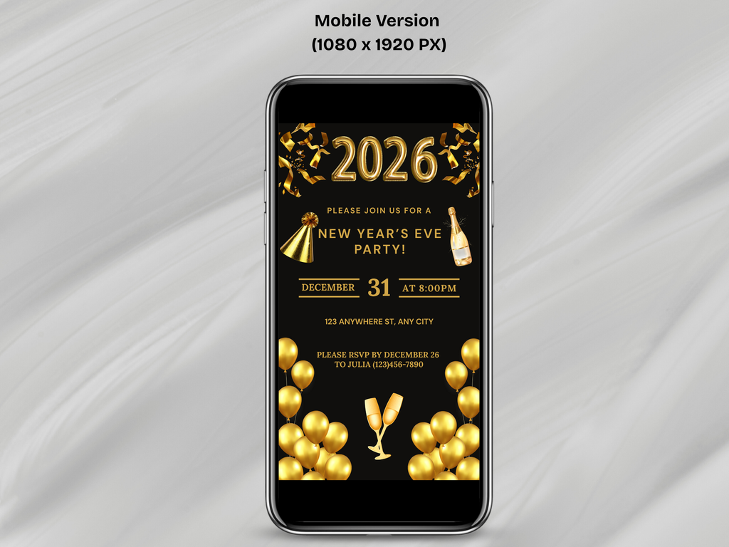 Phone displaying a New Year's Eve party invitation with gold text and graphics on a gray background