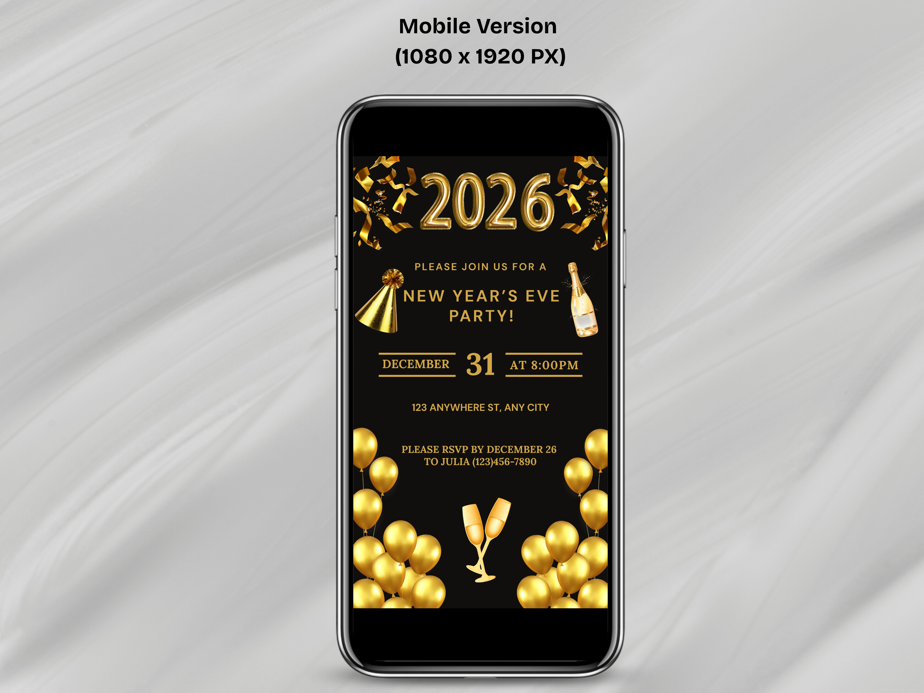 Phone displaying a New Year's Eve party invitation with gold text and graphics on a gray background