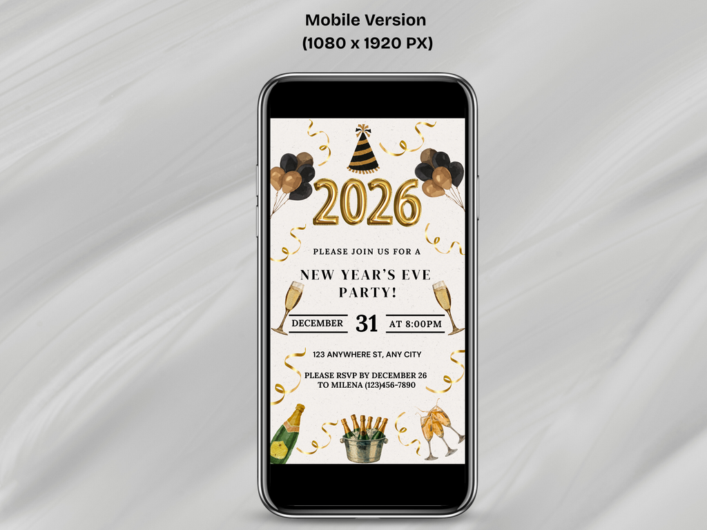 Phone displaying a New Year's Eve party invitation on a gray background