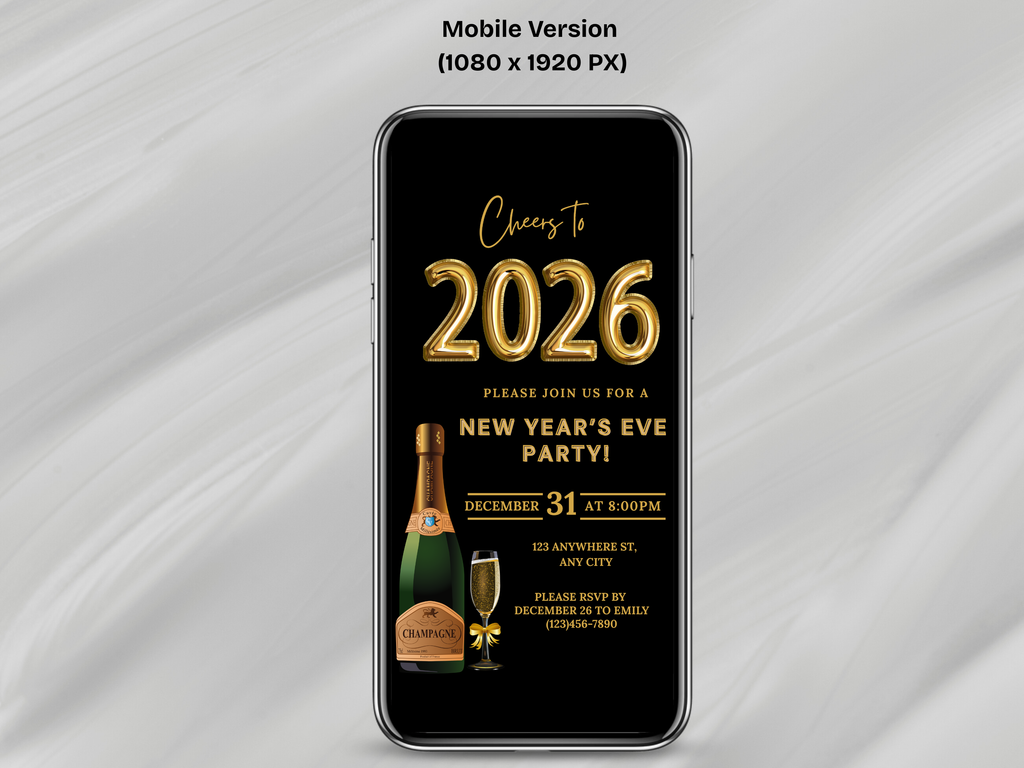 Black and gold party champagne New Year’s Eve invitation, editable digital NYE Countdown to 2026 template

Editable black and gold champagne NYE invite, digital New Year’s Eve party invitation for Countdown to 2026

Party champagne New Year’s Eve invitation in black and gold, Canva editable NYE Countdown to 2026 design

Black and gold champagne themed NYE digital invitation, elegant Countdown to 2026 party template