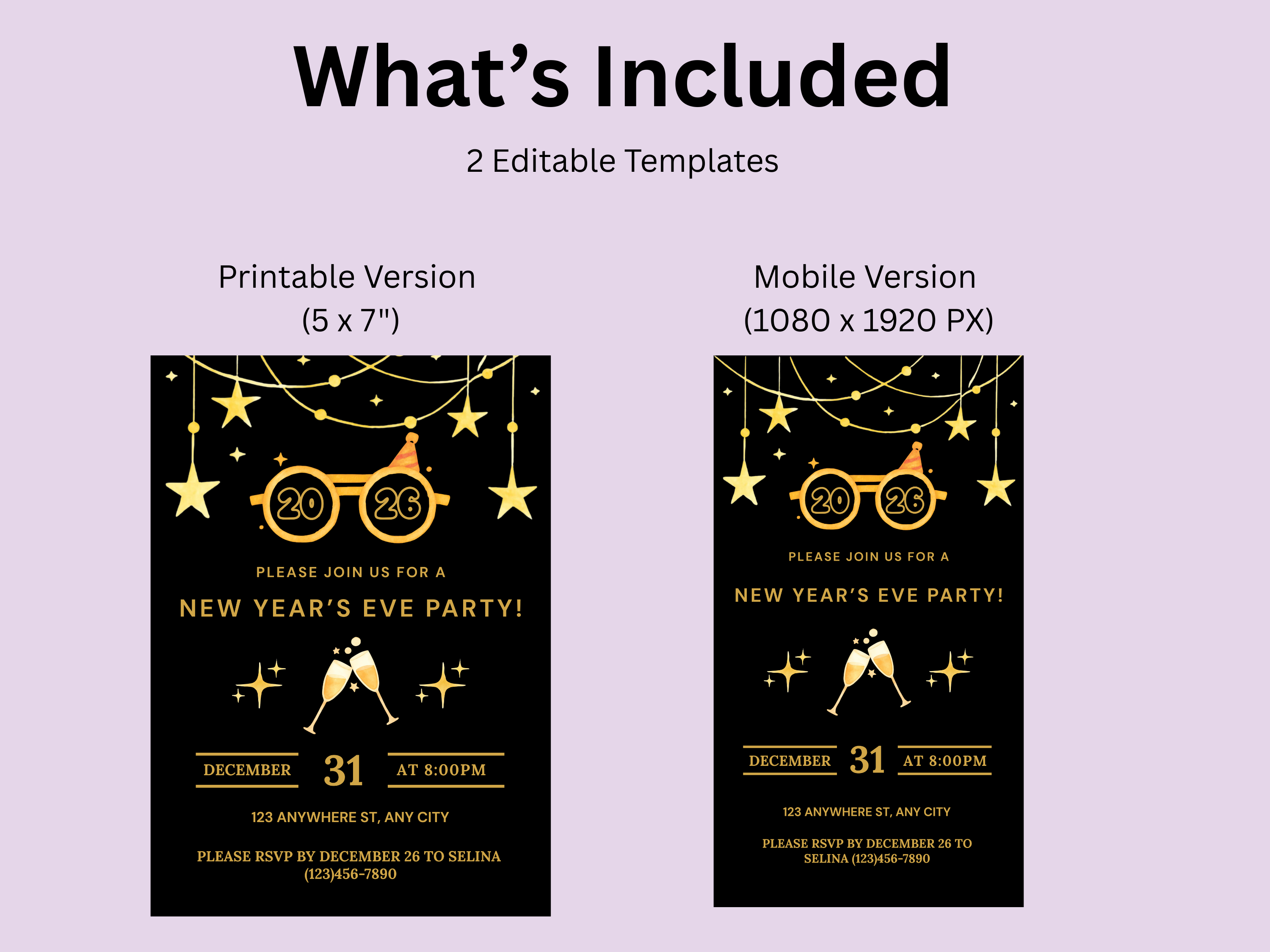 Two New Year's Eve party invitations with editable templates on a light purple background.