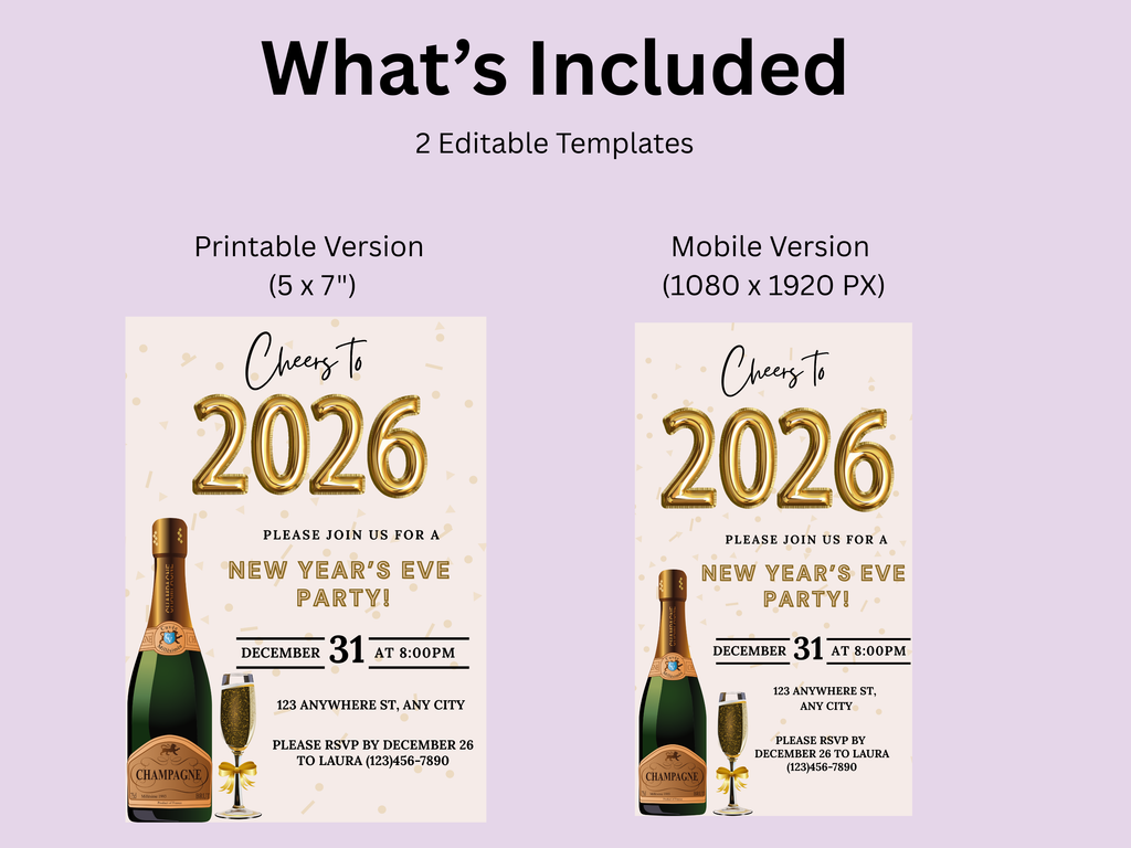 Champagne bottle and glass New Year’s Eve party invitation, editable Canva digital template in black and gold
Editable Champagne bottle NYE invitation with champagne glass, digital New Year’s Eve party template
Black and gold Champagne bottle and glass New Year’s Eve invite