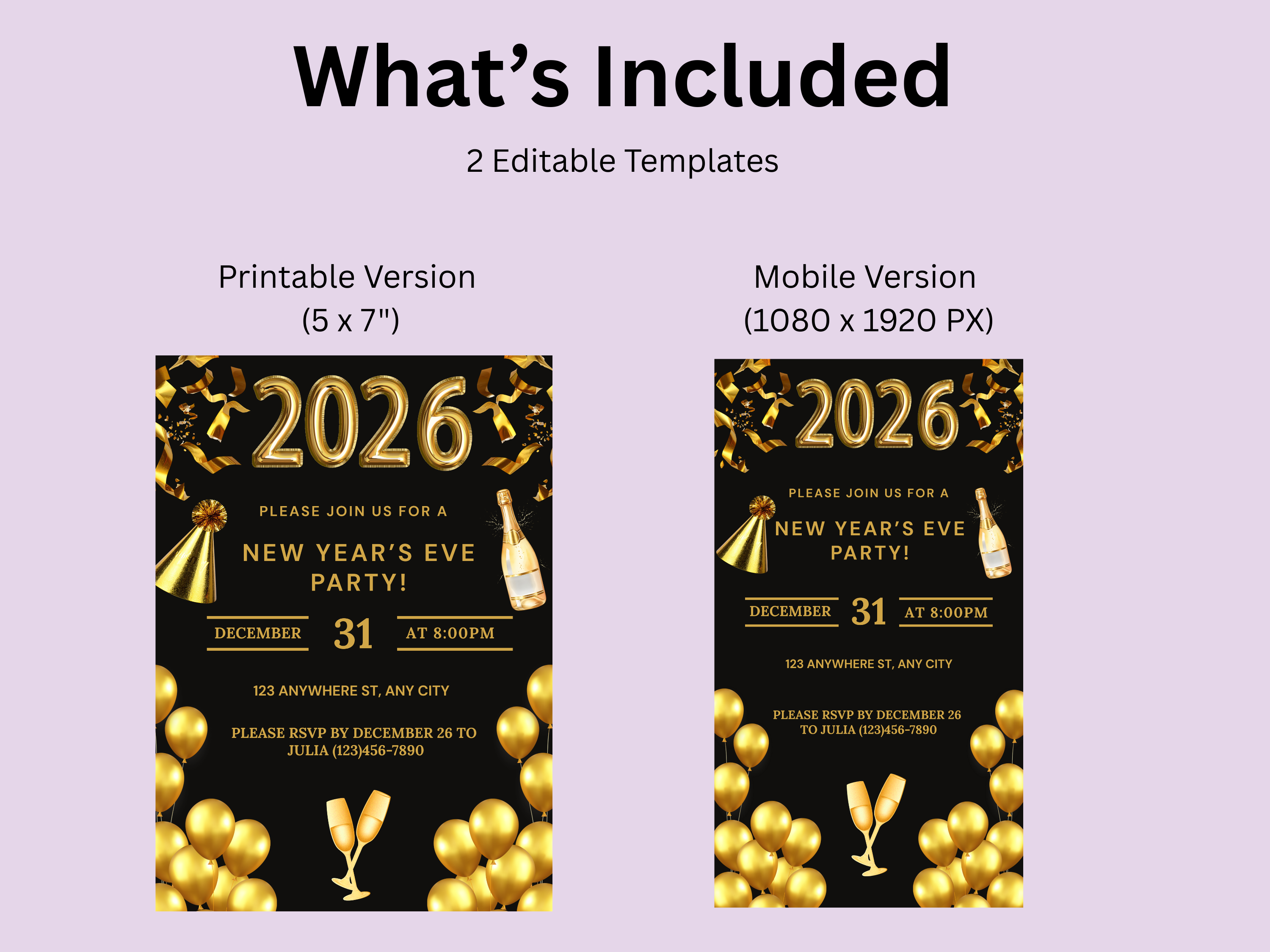 New Year's Eve party invitation templates with gold confetti and balloons on a purple background.