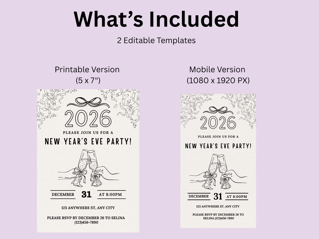 Minimalist hand-drawn doodle New Year’s Eve invitation, editable Canva digital template for NYE party

Editable doodle NYE digital invitation, simple minimalistic New Year’s Eve party Canva template

Hand-drawn minimal New Year’s Eve invitation, digital NYE party invite editable in Canva

Minimalist doodle New Year’s invitation, black and white hand-drawn NYE digital party template