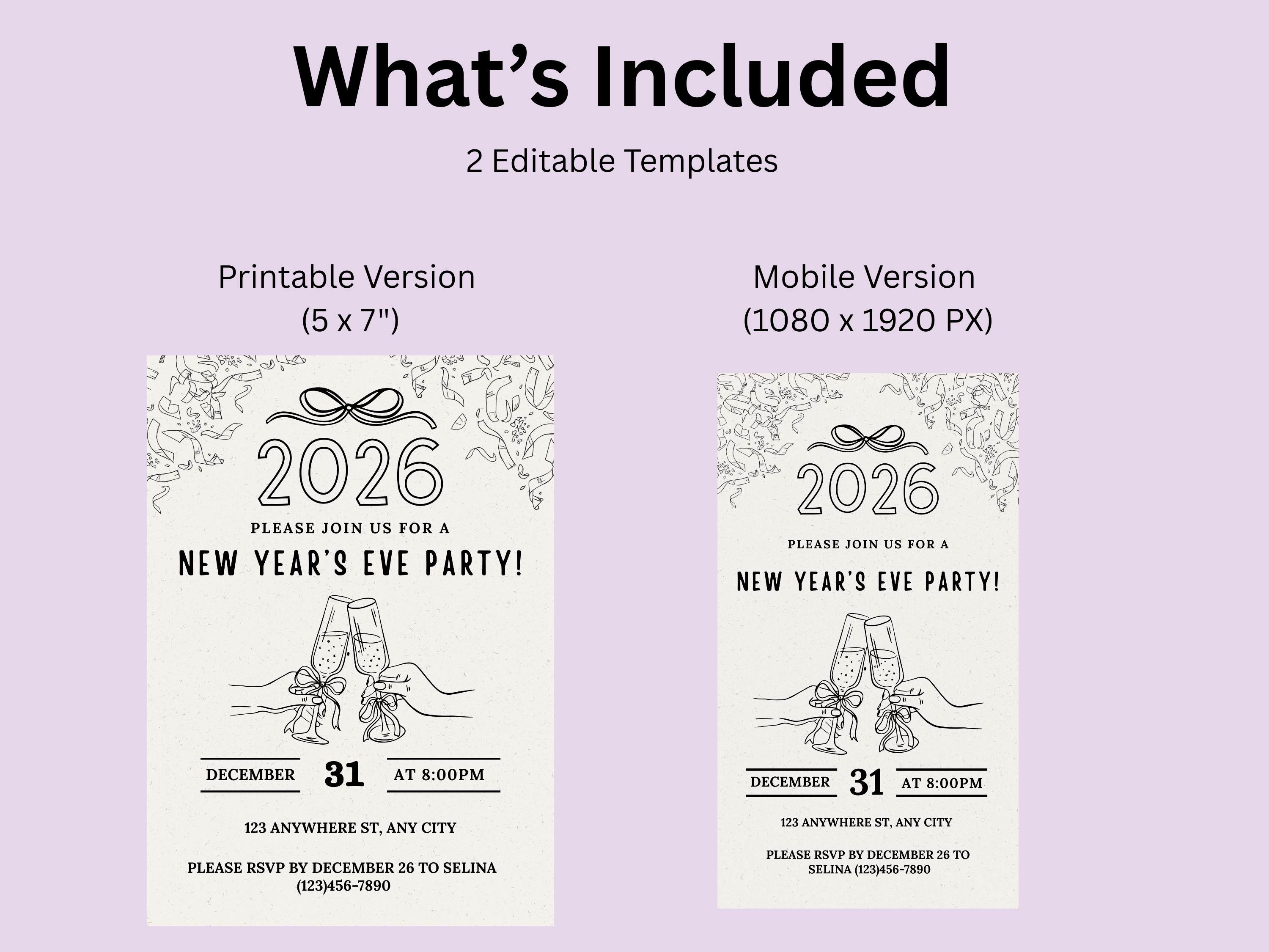 Minimalist hand-drawn doodle New Year’s Eve invitation, editable Canva digital template for NYE party

Editable doodle NYE digital invitation, simple minimalistic New Year’s Eve party Canva template

Hand-drawn minimal New Year’s Eve invitation, digital NYE party invite editable in Canva

Minimalist doodle New Year’s invitation, black and white hand-drawn NYE digital party template