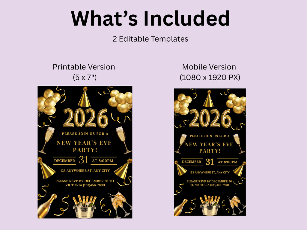 Black and gold party champagne New Year’s Eve invitation, editable digital NYE Countdown to 2026 template

Editable black and gold champagne NYE invite, digital New Year’s Eve party invitation for Countdown to 2026

Party champagne New Year’s Eve invitation in black and gold, Canva editable NYE Countdown to 2026 design

Black and gold champagne themed NYE digital invitation, elegant Countdown to 2026 party template