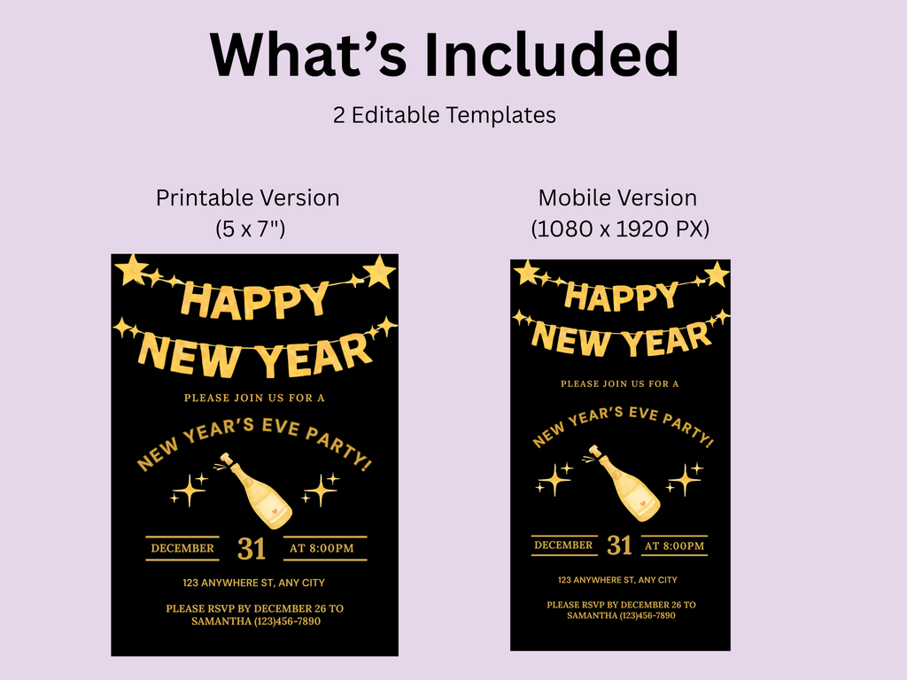 Two New Year's Eve party invitations with editable templates on a light purple background.