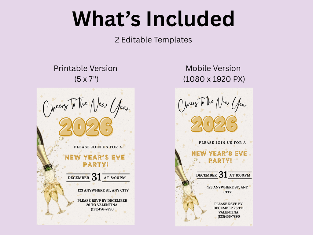 Two New Year's Eve party invitations with editable templates on a light purple background.
New Year’s Eve invitation with champagne pouring into a glass, editable digital NYE party template

Champagne pouring into glass New Year’s Eve invite, editable Canva digital party invitation

Elegant NYE invitation with champagne being poured, digital New Year’s Eve celebration template

Champagne pour New Year’s Eve party invitation, editable digital NYE countdown design

Modern New Year’s Eve invite featuring champ