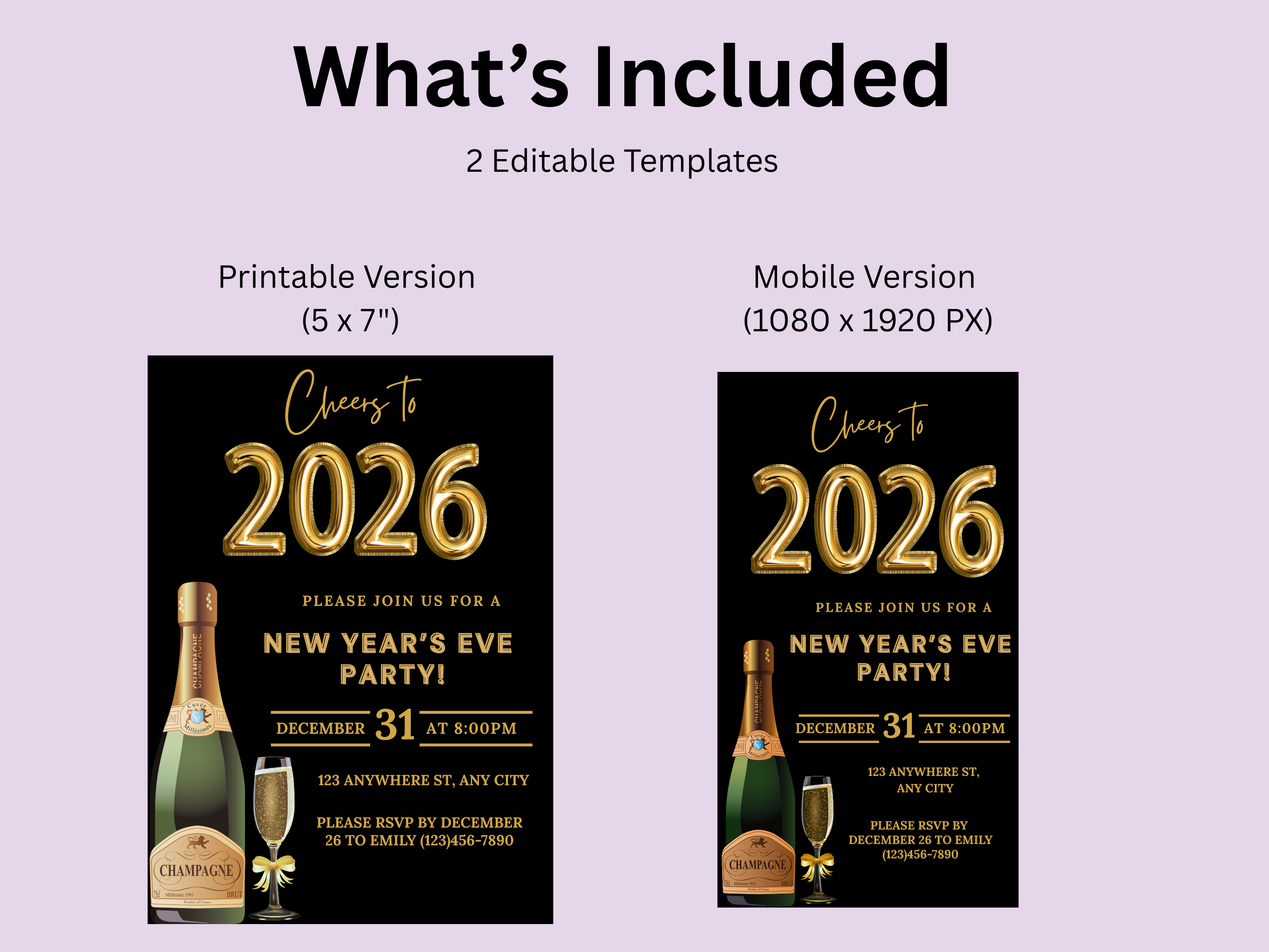 Black and gold party champagne New Year’s Eve invitation, editable digital NYE Countdown to 2026 template

Editable black and gold champagne NYE invite, digital New Year’s Eve party invitation for Countdown to 2026

Party champagne New Year’s Eve invitation in black and gold, Canva editable NYE Countdown to 2026 design

Black and gold champagne themed NYE digital invitation, elegant Countdown to 2026 party template