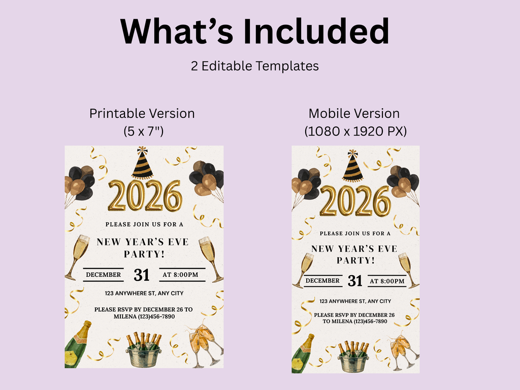 Two New Year's Eve party invitations with editable templates on a purple background.